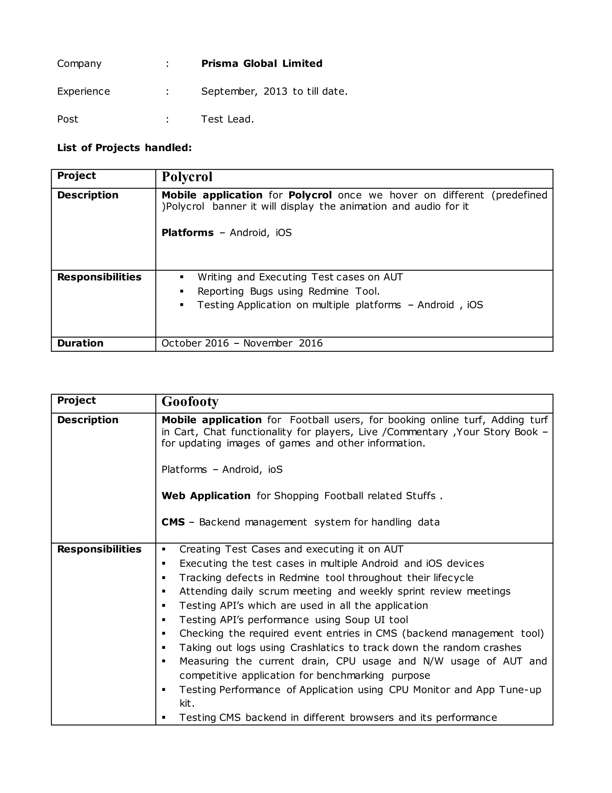 Company : Prisma Global Limited
Experience : September, 2013 to till date.
Post : Test Lead.
List of Projects handled:
Project Polycrol
Description Mobile application for Polycrol once we hover on different (predefined
)Polycrol banner it will display the animation and audio for it
Platforms – Android, iOS
Responsibilities  Writing and Executing Test cases on AUT
 Reporting Bugs using Redmine Tool.
 Testing Application on multiple platforms – Android , iOS
Duration October 2016 – November 2016
Project Goofooty
Description Mobile application for Football users, for booking online turf, Adding turf
in Cart, Chat functionality for players, Live /Commentary ,Your Story Book –
for updating images of games and other information.
Platforms – Android, ioS
Web Application for Shopping Football related Stuffs .
CMS – Backend management system for handling data
Responsibilities  Creating Test Cases and executing it on AUT
 Executing the test cases in multiple Android and iOS devices
 Tracking defects in Redmine tool throughout their lifecycle
 Attending daily scrum meeting and weekly sprint review meetings
 Testing API’s which are used in all the application
 Testing API’s performance using Soup UI tool
 Checking the required event entries in CMS (backend management tool)
 Taking out logs using Crashlatics to track down the random crashes
 Measuring the current drain, CPU usage and N/W usage of AUT and
competitive application for benchmarking purpose
 Testing Performance of Application using CPU Monitor and App Tune-up
kit.
 Testing CMS backend in different browsers and its performance
 