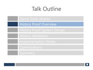 Talk Outline
Game State Attacks
History Proof Overview
History Proof System Design
History Validation
Implementation Notes
Optimizations
Summary
 