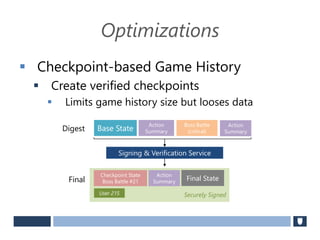 Optimizations
 Checkpoint-based Game History
 Create verified checkpoints
 Limits game history size but looses data
Base State
Action
Summary
Boss Battle
(critical)
Action
Summary
Digest
Securely Signed
Checkpoint State
Boss Battle #21
Action
Summary
Final
User 215
Signing & Verification Service
Final State
 