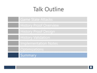 Talk Outline
Game State Attacks
History Proof Overview
History Proof Design
History Validation
Implementation Notes
Optimizations
Summary
 