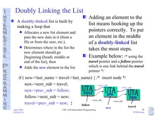 Doubly Linking the List if ( new->last_name < travel->last_name) { /*  insert node */ new->next_stdt = travel; new->prev_stdt = follow; follow->next_stdt = new; travel->prev_stdt = new;   } A  doubly-linked  list is built by making a loop that Allocates a new list element and puts the new data in it (from a file or from the user, etc.), Determines where in the list the new element should go [beginning (head), middle or end of the list], then Adds the  new  element to the list Adding an element to the list means hooking up the pointers correctly.  To put an element in the middle of a  doubly-linked  list takes the most steps.  Example below:  /* using the  travel  pointer and a  follow  pointer which is one link behind the  travel  pointer */ UTA UTA UTA ->next_stdt ->next_stdt follow travel tau  ->prev_stdt ->prev_stdt new nu  phi 