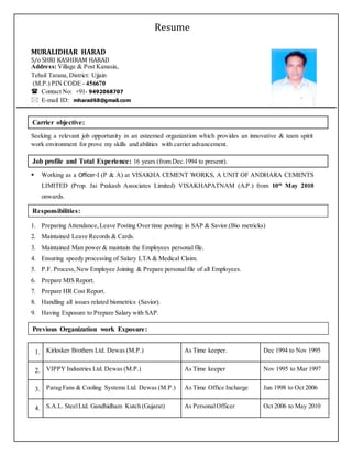 Resume
MURALIDHAR HARAD
S/o SHRI KASHIRAM HARAD
Address: Village & Post Kanasia,
Tehsil Tarana, District: Ujjain
(M.P.) PIN CODE - 456670
 Contact No: +91- 9492068707
 E-mail ID: mharad68@gmail.com
Seeking a relevant job opportunity in an esteemed organization which provides an innovative & team spirit
work environment for prove my skills and abilities with carrier advancement.
 Working as a Officer-I (P & A) at VISAKHA CEMENT WORKS, A UNIT OF ANDHARA CEMENTS
LIMITED (Prop. Jai Prakash Associates Limited) VISAKHAPATNAM (A.P.) from 10th
May 2010
onwards.
1. Preparing Attendance,Leave Posting Over time posting in SAP & Savior.(Bio metricks)
2. Maintained Leave Records & Cards.
3. Maintained Man power & maintain the Employees personal file.
4. Ensuring speedy processing of Salary LTA & Medical Claim.
5. P.F. Process,New Employee Joining & Prepare personalfile of all Employees.
6. Prepare MIS Report.
7. Prepare HR Cost Report.
8. Handling all issues related biometrics (Savior).
9. Having Exposure to Prepare Salary with SAP.
1. Kirlosker Brothers Ltd. Dewas (M.P.) As Time keeper. Dec 1994 to Nov 1995
2. VIPPY Industries Ltd. Dewas (M.P.) As Time keeper Nov 1995 to Mar 1997
3. Parag Fans & Cooling Systems Ltd. Dewas (M.P.) As Time Office Incharge Jun 1998 to Oct 2006
4. S.A.L. SteelLtd. Gandhidham Kutch (Gujarat) As PersonalOfficer Oct 2006 to May 2010
Responsibilities:
Job profile and Total Experience: 16 years (from Dec.1994 to present).
Carrier objective:
Previous Organization work Exposure:
 