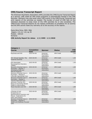 CME/Course Transcript Report
The American Psychiatric Association (APA) provides the CME/Course Transcript Report
as a service. CME credit for APA online programs is automatically tracked in the CME
Recorder. Members may also enter other CME events in the CME/Course Transcript and
print reports of the activities as needed. The burden of proof of CME falls on the
individual physician to keep track of the CME activities he or she completes. The
CME/Course Transcript Reports do not replace certificates of completion for an activity
and the APA cannot make any warranty as to the accuracy of the reports.
Paula Alina Dima, MED, MBA
Gageni, 113, bl. 110, ap 39
Ploiesti, 100120
Romania
CME Activity Report for dates: 1/1/1999 - 1/1/2020
Category 1
Course Completion
Date
Sponsor Status CME
Credit
Psychosis and HIV 2015-04-06 American
Psychiatric
Association
APA Credit 1.00
HIV Clinical Vignette: The
Impaired Scientist
2015-04-05 American
Psychiatric
Association
APA Credit 1.00
HIV-Associated
Neurocognitive Disorders
(HAND)
2015-04-05 American
Psychiatric
Association
APA Credit 1.00
Recovery-Oriented Care in
Psychiatry - Module 7:
Developing Skills and
Natural Supports
2015-04-04 American
Psychiatric
Association
APA Credit 1.00
Recovery-Oriented Care in
Psychiatry - Module 8:
Culturally Appropriate Care
2015-04-04 American
Psychiatric
Association
APA Credit 1.00
Recovery-Oriented Care in
Psychiatry - Module 9:
Trauma-Informed Care
2015-04-04 American
Psychiatric
Association
APA Credit 1.00
Advocacy Training 101:
Basics to Promoting Mental
Health to Policymakers
2015-04-04 American
Psychiatric
Association
APA Credit 1.00
Mood Disorders and HIV 2015-04-04 American
Psychiatric
Association
APA Credit 1.00
A Review of and
Perspectives on
Buprenorphine Diversion and
Misuse: Implications for
Policy and Practice
2015-04-04 American
Psychiatric
Association
APA Credit 1.00
Recovery-Oriented Care in
Psychiatry - Module 6:
Health and Wellness Focused
Care
2015-04-02 American
Psychiatric
Association
APA Credit 1.00
 