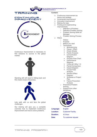 Training Program 12
T r a in in g
C o n t i n u o u s
I m p r o v e m e n t
Continuous Improvement is necessary to
find solutions to survive in the global
market.
Standing still will result in falling back and
this means loose of business.
Lets walk with us and face the global
challenges.
Our training will give you a complete
overview how to implement Continuous
Improvement and how to solve problems.
Content:
Ø Continuous improvement as
tactics and strategy
Ø Incremental improvement
Ø Innovation improvement
Ø Making the leap
Ø Finding and implementing
improvements
o Definition of Problem
o Definition Problem Solving
o Problem Solving Skills for
Manager
o Problem Solving Process
Ø PDCA
o History
o Purpose
o Before you start
o Techniques
§ Brainstorming
§ Cause - Effect
§ Check Sheets
§ Pareto Analysis
§ Concentration
Diagram
§ Process Flow Chart
§ Performance
Measure
§ 5 Why & 5 Why 1 H
§ Paired Comparison
§ Impact Diagram
§ Forced Field
Analysis
§ Solution Effect
Diagram
§ Schedule or Project
Plan
§ Failure Prevention
Analysis
o Preventive Problem
Solving
o Support from other
disciplines
Language: English
Location: Customer Facility
Duration: 4.5 hour
Date: To customer request
 