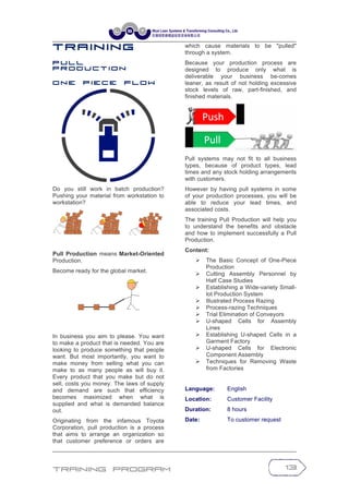 Training Program 13
T r a in in g
P u l l
P r o d u c t i o n
O n e P i e c e F l o w
Do you still work in batch production?
Pushing your material from workstation to
workstation?
Pull Production means Market-Oriented
Production.
Become ready for the global market.
In business you aim to please. You want
to make a product that is needed. You are
looking to produce something that people
want. But most importantly, you want to
make money from selling what you can
make to as many people as will buy it.
Every product that you make but do not
sell, costs you money. The laws of supply
and demand are such that efficiency
becomes maximized when what is
supplied and what is demanded balance
out.
Originating from the infamous Toyota
Corporation, pull production is a process
that aims to arrange an organization so
that customer preference or orders are
which cause materials to be "pulled"
through a system.
Because your production process are
designed to produce only what is
deliverable your business be-comes
leaner, as result of not holding excessive
stock levels of raw, part-finished, and
finished materials.
Pull systems may not fit to all business
types, because of product types, lead
times and any stock holding arrangements
with customers.
However by having pull systems in some
of your production processes, you will be
able to reduce your lead times, and
associated costs.
The training Pull Production will help you
to understand the benefits and obstacle
and how to implement successfully a Pull
Production.
Content:
Ø The Basic Concept of One-Piece
Production
Ø Cutting Assembly Personnel by
Half Case Studies
Ø Establishing a Wide-variety Small-
lot Production System
Ø Illustrated Process Razing
Ø Process-razing Techniques
Ø Trial Elimination of Conveyors
Ø U-shaped Cells for Assembly
Lines
Ø Establishing U-shaped Cells in a
Garment Factory
Ø U-shaped Cells for Electronic
Component Assembly
Ø Techniques for Removing Waste
from Factories
Language: English
Location: Customer Facility
Duration: 8 hours
Date: To customer request
 