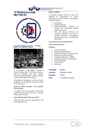 Training Program 16
T r a in in g
S M E D
C h a n g e o v e r t i m e
o p t i m i z a t i o n
In motorsports, a pit stop is where a
racing vehicle stops in the pits during a
race for refueling, new tires, repairs,
mechanical adjustments, a driver change,
or any combination of the above.
In business a changeover is like a pit stop,
stopping your equipment and get it ready
for a new round.
Gone in 1.923 seconds - F1's fastest
ever pit stop
F1 season 2013/14 the team of Red Bull
performed the fastest pit stop in current
history of car racing.
How did they do it? Can you do it?
With the right tool set, organization and
knowledge you can.
What is SMED?
A process through which the total time
required to changeover or set-up
equipment or a work center is dramatically
reduced through
Ø Systematic,
Ø Problem-solving,
Ø Waste-eliminating approach to
support the movement toward
small lot size runs.
Ø This will reduce inventory and
increase productive run time to
achieve increase in throughput,
minimizing lot sizes, and reducing
total costs.
You want to set records like F1?
Learn how they do it!
Content:
Ø History of SMED
Ø Future of Manufacturing
Ø Definition Set-Up or Change Over
Ø Reduction of Set-Up times
Ø Traditional Set-Up vs. SMED
Ø Importance of Set-Up Reduction
Ø Goals & Benefits
Ø How to do it?
Ø Summary
Language: English
Location: Customer Facility
Duration: 3 Days
Date: To customer request
 