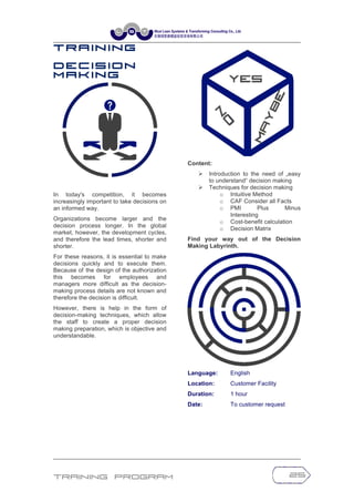 Training Program 25
T r a in in g
D e c is io n
M a k in g
In today's competition, it becomes
increasingly important to take decisions on
an informed way.
Organizations become larger and the
decision process longer. In the global
market, however, the development cycles,
and therefore the lead times, shorter and
shorter.
For these reasons, it is essential to make
decisions quickly and to execute them.
Because of the design of the authorization
this becomes for employees and
managers more difficult as the decision-
making process details are not known and
therefore the decision is difficult.
However, there is help in the form of
decision-making techniques, which allow
the staff to create a proper decision
making preparation, which is objective and
understandable.
Content:
Ø Introduction to the need of „easy
to understand“ decision making
Ø Techniques for decision making
o Intuitive Method
o CAF Consider all Facts
o PMI Plus Minus
Interesting
o Cost-benefit calculation
o Decision Matrix
Find your way out of the Decision
Making Labyrinth.
Language: English
Location: Customer Facility
Duration: 1 hour
Date: To customer request
 