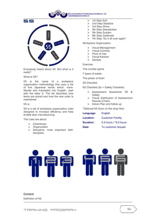 Training Program 5
5 S
Everybody heard about 5S. But what is it
really?
What is 5S?
5S is the name of a workplace
organization methodology that uses a list
of five Japanese words which, trans-
literate and translated into English, start
with the letter S. The list describes how
items are stored and how the new order is
maintained
5S is:
5S is a set of workplace organization rules
designed to increase efficiency and help
enable lean manufacturing.
The rules are about:
Ø Cleanliness
Ø Organization
Ø Discipline, most important Self-
discipline.
Content:
Definition of 5S
Ø 1st Step Sort
Ø 2nd Step Stabilize
Ø 3rd Step Shine
Ø 4th Step Standardize
Ø 5th Step Sustain
Ø 6th Step Celebrate
Ø 7th Step “Do it all over again”
Workplace Organization
Ø Visual Management
Ø Visual Controls
Ø Point of Use
Ø Visual Kanban
Ø Sample
Exercise
The number game
7 types of waste
The power of brain
5S Checklist
6S Checklist (5s + Safety Checklist)
Ø Assessment Questioner 5S &
Safety
Ø Visual distribution of Assessment
Results (Chart)
Ø Action Plan and follow up
*Optional 5S Scan on the shop floor
Language: English
Location: Customer Facility
Duration: 5.5 hours / *9.5 hours
Date: To customer request
 
