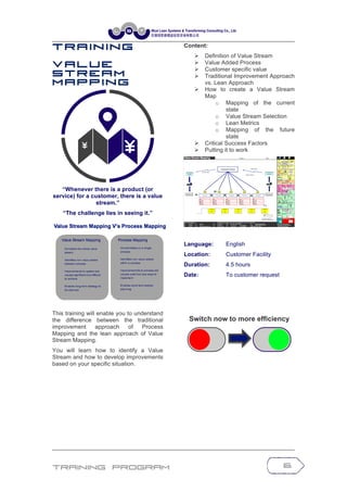 Training Program 6
T r a in in g
V a l u e
S t r e a m
M a p p in g
“Whenever there is a product (or
service) for a customer, there is a value
stream.”
“The challenge lies in seeing it.”
This training will enable you to understand
the difference between the traditional
improvement approach of Process
Mapping and the lean approach of Value
Stream Mapping.
You will learn how to identify a Value
Stream and how to develop improvements
based on your specific situation.
Content:
Ø Definition of Value Stream
Ø Value Added Process
Ø Customer specific value
Ø Traditional Improvement Approach
vs. Lean Approach
Ø How to create a Value Stream
Map
o Mapping of the current
state
o Value Stream Selection
o Lean Metrics
o Mapping of the future
state
Ø Critical Success Factors
Ø Putting it to work
Language: English
Location: Customer Facility
Duration: 4.5 hours
Date: To customer request
Switch now to more efficiency
 