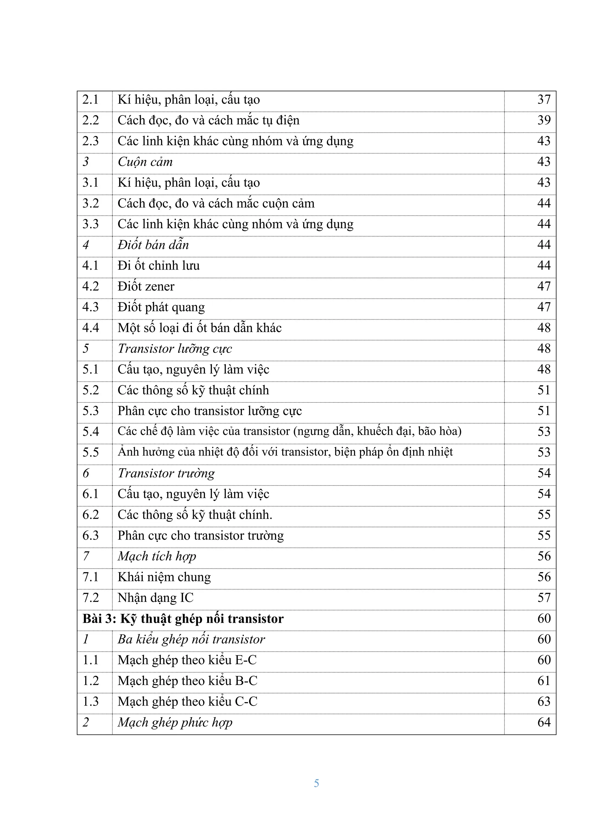 5
2.1 Kí hiệu, phân loại, cấu tạo 37
2.2 Cách đọc, đo và cách mắc tụ điện 39
2.3 Các linh kiện khác cùng nhóm và ứng dụng 43
3 Cuộn cảm 43
3.1 Kí hiệu, phân loại, cấu tạo 43
3.2 Cách đọc, đo và cách mắc cuộn cảm 44
3.3 Các linh kiện khác cùng nhóm và ứng dụng 44
4 Điốt bán dẫn 44
4.1 Đi ốt chỉnh lƣu 44
4.2 Điốt zener 47
4.3 Điốt phát quang 47
4.4 Một số loại đi ốt bán dẫn khác 48
5 Transistor lưỡng cực 48
5.1 Cấu tạo, nguyên lý làm việc 48
5.2 Các thông số kỹ thuật chính 51
5.3 Phân cực cho transistor lƣỡng cực 51
5.4 Các chế độ làm việc của transistor (ngƣng dẫn, khuếch đại, bão hòa) 53
5.5 Ảnh hƣởng của nhiệt độ đối với transistor, biện pháp ổn định nhiệt 53
6 Transistor trường 54
6.1 Cấu tạo, nguyên lý làm việc 54
6.2 Các thông số kỹ thuật chính. 55
6.3 Phân cực cho transistor trƣờng 55
7 Mạch tích hợp 56
7.1 Khái niệm chung 56
7.2 Nhận dạng IC 57
Bài 3: Kỹ thuật ghép nối transistor 60
1 Ba kiểu ghép nối transistor 60
1.1 Mạch ghép theo kiểu E-C 60
1.2 Mạch ghép theo kiểu B-C 61
1.3 Mạch ghép theo kiểu C-C 63
2 Mạch ghép phức hợp 64
 