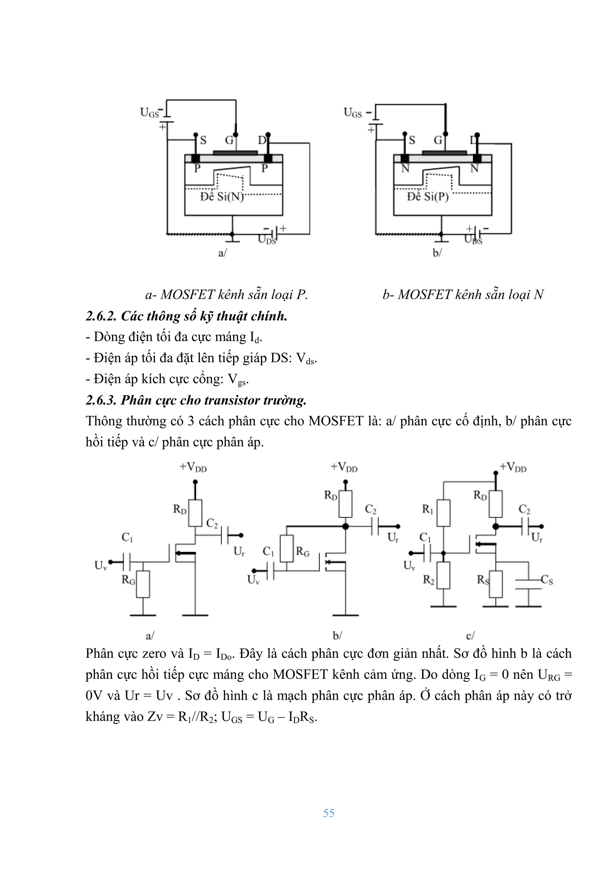 55
a- MOSFET kênh sẵn loại P. b- MOSFET kênh sẵn loại N
2.6.2. Các thông số kỹ thuật chính.
- Dòng điện tối đa cực máng Id.
- Điện áp tối đa đặt lên tiếp giáp DS: Vds.
- Điện áp kích cực cổng: Vgs.
2.6.3. Phân cực cho transistor trường.
Thông thƣờng có 3 cách phân cực cho MOSFET là: a/ phân cực cố định, b/ phân cực
hồi tiếp và c/ phân cực phân áp.
Phân cực zero và ID = IDo. Đây là cách phân cực đơn giản nhất. Sơ đồ hình b là cách
phân cực hồi tiếp cực máng cho MOSFET kênh cảm ứng. Do dòng IG = 0 nên URG =
0V và Ur = Uv . Sơ đồ hình c là mạch phân cực phân áp. Ở cách phân áp này có trở
kháng vào Zv = R1//R2; UGS = UG – IDRS.
 