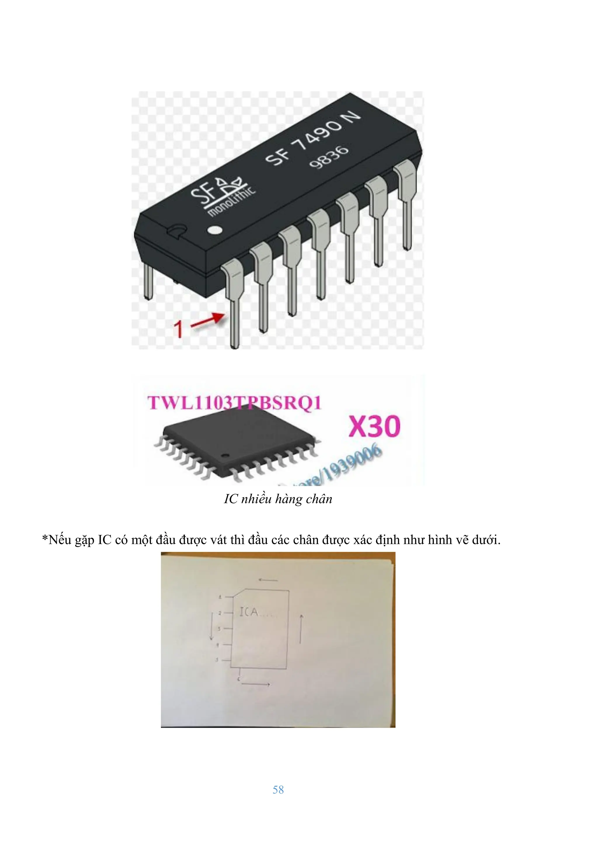 58
IC nhiều hàng chân
*Nếu gặp IC có một đầu đƣợc vát thì đầu các chân đƣợc xác định nhƣ hình vẽ dƣới.
 