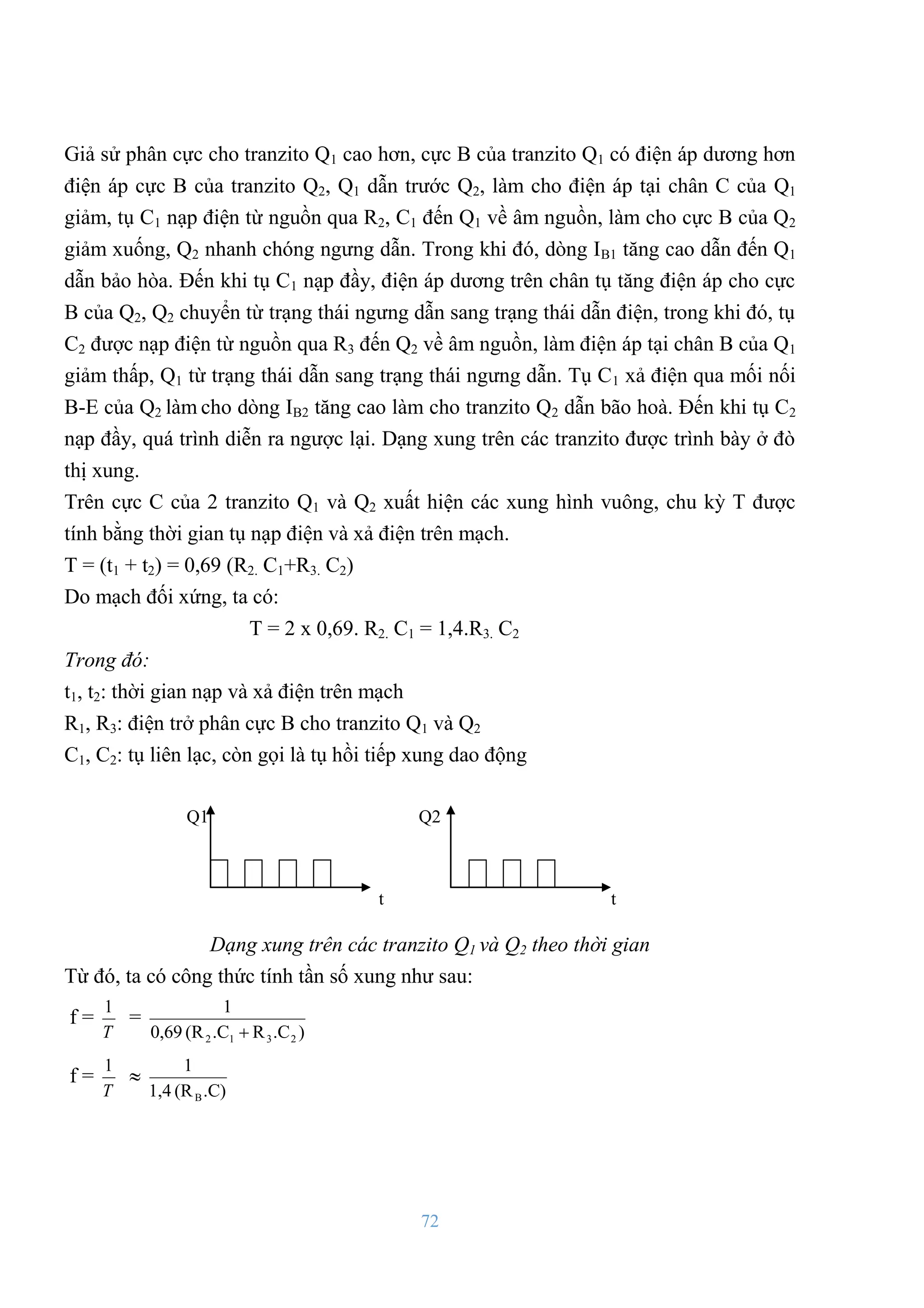 72
Giả sử phân cực cho tranzito Q1 cao hơn, cực B của tranzito Q1 có điện áp dƣơng hơn
điện áp cực B của tranzito Q2, Q1 dẫn trƣớc Q2, làm cho điện áp tại chân C của Q1
giảm, tụ C1 nạp điện từ nguồn qua R2, C1 đến Q1 về âm nguồn, làm cho cực B của Q2
giảm xuống, Q2 nhanh chóng ngƣng dẫn. Trong khi đó, dòng IB1 tăng cao dẫn đến Q1
dẫn bảo hòa. Đến khi tụ C1 nạp đầy, điện áp dƣơng trên chân tụ tăng điện áp cho cực
B của Q2, Q2 chuyển từ trạng thái ngƣng dẫn sang trạng thái dẫn điện, trong khi đó, tụ
C2 đƣợc nạp điện từ nguồn qua R3 đến Q2 về âm nguồn, làm điện áp tại chân B của Q1
giảm thấp, Q1 từ trạng thái dẫn sang trạng thái ngƣng dẫn. Tụ C1 xả điện qua mối nối
B-E của Q2 làm cho dòng IB2 tăng cao làm cho tranzito Q2 dẫn bão hoà. Đến khi tụ C2
nạp đầy, quá trình diễn ra ngƣợc lại. Dạng xung trên các tranzito đƣợc trình bày ở đò
thị xung.
Trên cực C của 2 tranzito Q1 và Q2 xuất hiện các xung hình vuông, chu kỳ T đƣợc
tính bằng thời gian tụ nạp điện và xả điện trên mạch.
T = (t1 + t2) = 0,69 (R2. C1+R3. C2)
Do mạch đối xứng, ta có:
T = 2 x 0,69. R2. C1 = 1,4.R3. C2
Trong đó:
t1, t2: thời gian nạp và xả điện trên mạch
R1, R3: điện trở phân cực B cho tranzito Q1 và Q2
C1, C2: tụ liên lạc, còn gọi là tụ hồi tiếp xung dao động
Dạng xung trên các tranzito Q1 và Q2 theo thời gian
Từ đó, ta có công thức tính tần số xung nhƣ sau:
f =
T
1
=
)
.C
R
.C
(R
0,69
1
2
3
1
2 
f =
T
1

.C)
(R
1,4
1
B
Q1 Q2
t t
 