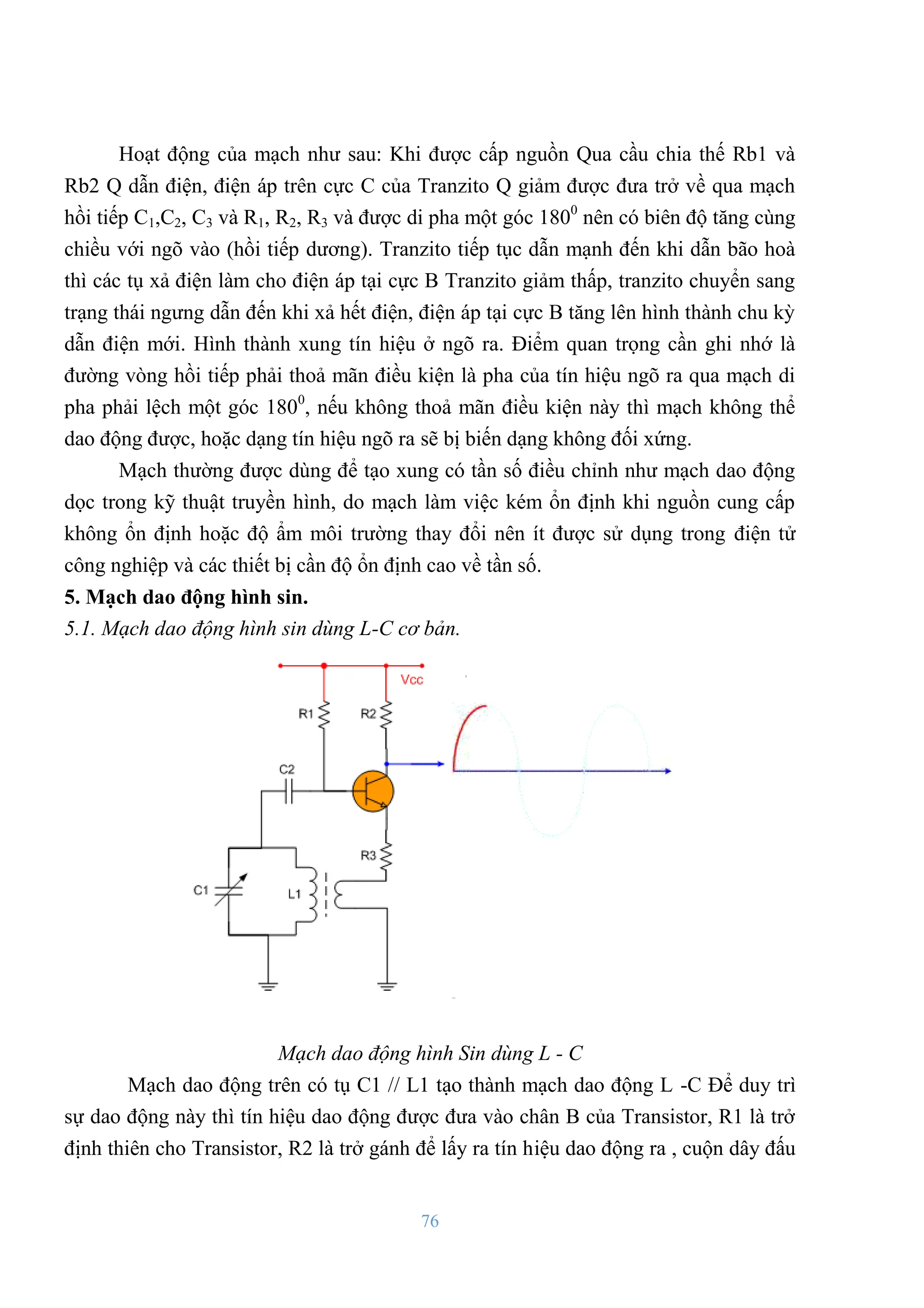 76
Hoạt động của mạch nhƣ sau: Khi đƣợc cấp nguồn Qua cầu chia thế Rb1 và
Rb2 Q dẫn điện, điện áp trên cực C của Tranzito Q giảm đƣợc đƣa trở về qua mạch
hồi tiếp C1,C2, C3 và R1, R2, R3 và đƣợc di pha một góc 1800
nên có biên độ tăng cùng
chiều với ngõ vào (hồi tiếp dƣơng). Tranzito tiếp tục dẫn mạnh đến khi dẫn bão hoà
thì các tụ xả điện làm cho điện áp tại cực B Tranzito giảm thấp, tranzito chuyển sang
trạng thái ngƣng dẫn đến khi xả hết điện, điện áp tại cực B tăng lên hình thành chu kỳ
dẫn điện mới. Hình thành xung tín hiệu ở ngõ ra. Điểm quan trọng cần ghi nhớ là
đƣờng vòng hồi tiếp phải thoả mãn điều kiện là pha của tín hiệu ngõ ra qua mạch di
pha phải lệch một góc 1800
, nếu không thoả mãn điều kiện này thì mạch không thể
dao động đƣợc, hoặc dạng tín hiệu ngõ ra sẽ bị biến dạng không đối xứng.
Mạch thƣờng đƣợc dùng để tạo xung có tần số điều chỉnh nhƣ mạch dao động
dọc trong kỹ thuật truyền hình, do mạch làm việc kém ổn định khi nguồn cung cấp
không ổn định hoặc độ ẩm môi trƣờng thay đổi nên ít đƣợc sử dụng trong điện tử
công nghiệp và các thiết bị cần độ ổn định cao về tần số.
5. Mạch dao động hình sin.
5.1. Mạch dao động hình sin dùng L-C cơ bản.
Mạch dao động hình Sin dùng L - C
Mạch dao động trên có tụ C1 // L1 tạo thành mạch dao động L -C Để duy trì
sự dao động này thì tín hiệu dao động đƣợc đƣa vào chân B của Transistor, R1 là trở
định thiên cho Transistor, R2 là trở gánh để lấy ra tín hiệu dao động ra , cuộn dây đấu
 