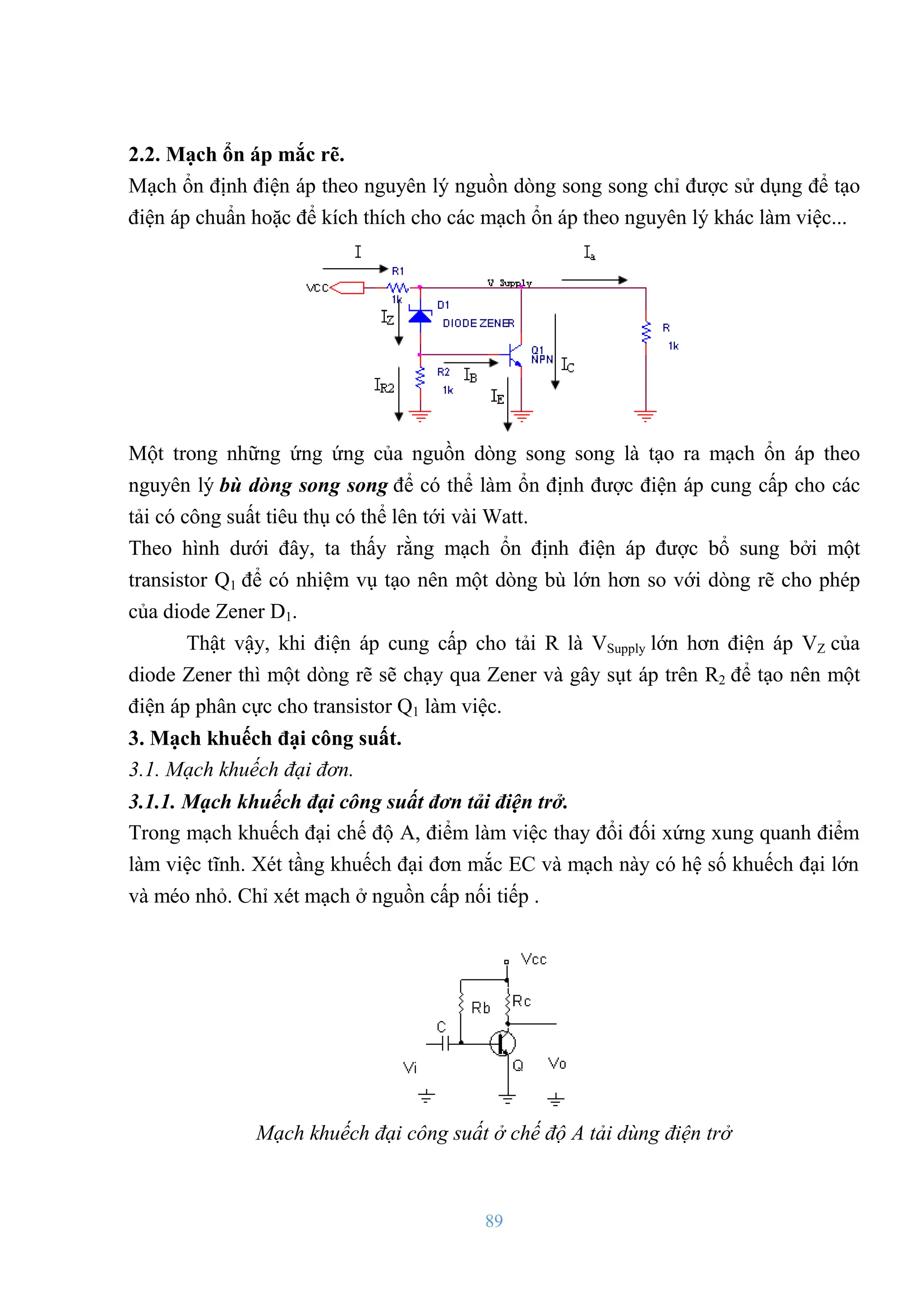 89
2.2. Mạch ổn áp mắc rẽ.
Mạch ổn định điện áp theo nguyên lý nguồn dòng song song chỉ đƣợc sử dụng để tạo
điện áp chuẩn hoặc để kích thích cho các mạch ổn áp theo nguyên lý khác làm việc...
Một trong những ứng ứng của nguồn dòng song song là tạo ra mạch ổn áp theo
nguyên lý bù dòng song song để có thể làm ổn định đƣợc điện áp cung cấp cho các
tải có công suất tiêu thụ có thể lên tới vài Watt.
Theo hình dƣới đây, ta thấy rằng mạch ổn định điện áp đƣợc bổ sung bởi một
transistor Q1 để có nhiệm vụ tạo nên một dòng bù lớn hơn so với dòng rẽ cho phép
của diode Zener D1.
Thật vậy, khi điện áp cung cấp cho tải R là VSupply lớn hơn điện áp VZ của
diode Zener thì một dòng rẽ sẽ chạy qua Zener và gây sụt áp trên R2 để tạo nên một
điện áp phân cực cho transistor Q1 làm việc.
3. Mạch khuếch đại công suất.
3.1. Mạch khuếch đại đơn.
3.1.1. Mạch khuếch đại công suất đơn tải điện trở.
Trong mạch khuếch đại chế độ A, điểm làm việc thay đổi đối xứng xung quanh điểm
làm việc tĩnh. Xét tầng khuếch đại đơn mắc EC và mạch này có hệ số khuếch đại lớn
và méo nhỏ. Chỉ xét mạch ở nguồn cấp nối tiếp .
Mạch khuếch đại công suất ở chế độ A tải dùng điện trở
 