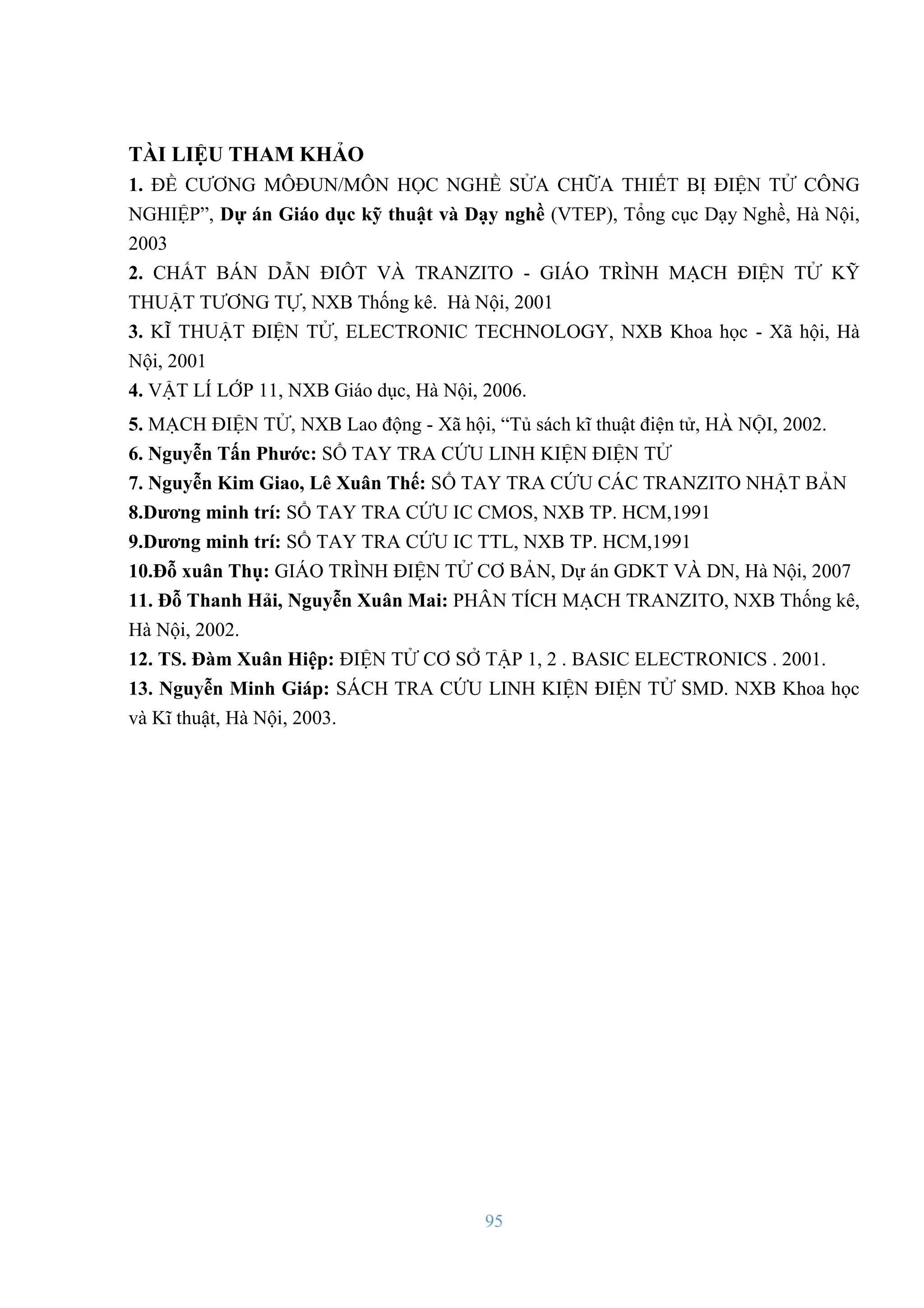 95
TÀI LIỆU THAM KHẢO
1. ĐỀ CƢƠNG MÔĐUN/MÔN HỌC NGHỀ SỬA CHỮA THIẾT BỊ ĐIỆN TỬ CÔNG
NGHIỆP”, Dự án Giáo dục kỹ thuật và Dạy nghề (VTEP), Tổng cục Dạy Nghề, Hà Nội,
2003
2. CHẤT BÁN DẪN ĐIÔT VÀ TRANZITO - GIÁO TRÌNH MẠCH ĐIỆN TỬ KỸ
THUẬT TƢƠNG TỰ, NXB Thống kê. Hà Nội, 2001
3. KĨ THUẬT ĐIỆN TỬ, ELECTRONIC TECHNOLOGY, NXB Khoa học - Xã hội, Hà
Nội, 2001
4. VẬT LÍ LỚP 11, NXB Giáo dục, Hà Nội, 2006.
5. MẠCH ĐIỆN TỬ, NXB Lao động - Xã hội, “Tủ sách kĩ thuật điện tử, HÀ NỘI, 2002.
6. Nguyễn Tấn Phƣớc: SỔ TAY TRA CỨU LINH KIỆN ĐIỆN TỬ
7. Nguyễn Kim Giao, Lê Xuân Thế: SỔ TAY TRA CỨU CÁC TRANZITO NHẬT BẢN
8.Dƣơng minh trí: SỔ TAY TRA CỨU IC CMOS, NXB TP. HCM,1991
9.Dƣơng minh trí: SỔ TAY TRA CỨU IC TTL, NXB TP. HCM,1991
10.Đỗ xuân Thụ: GIÁO TRÌNH ĐIỆN TỬ CƠ BẢN, Dự án GDKT VÀ DN, Hà Nội, 2007
11. Đỗ Thanh Hải, Nguyễn Xuân Mai: PHÂN TÍCH MẠCH TRANZITO, NXB Thống kê,
Hà Nội, 2002.
12. TS. Đàm Xuân Hiệp: ĐIỆN TỬ CƠ SỞ TẬP 1, 2 . BASIC ELECTRONICS . 2001.
13. Nguyễn Minh Giáp: SÁCH TRA CỨU LINH KIỆN ĐIỆN TỬ SMD. NXB Khoa học
và Kĩ thuật, Hà Nội, 2003.
 