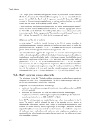 12%), weight gain (7 and 13%) and aggravated oedema in patients with oedema at baseline
(4 and 3%). Frequency of CV AEs related to study group was low and comparable between
groups (1.2 and 0.6% for the 30- and 45-mg groups respectively). Drug-related CHF was
reported for three patients receiving pioglitazone 30 mg (one possibly related and two probably
related) and one patient receiving 45 mg (possibly related).146 Level 1+
A study comparing the combination of pioglitazone and insulin with insulin plus placebo145
showed that there were 90 (63.4%) reported incidences of subjective hypoglycaemic episodes
for PIO + INS and 75 (51.0%) for PLB + INS (p<0.05). There was no difference between the
treatment groups for clinical hypoglycaemia. The study also reported 20 cases of oedema with
PIO + INS and five cases with PLB + INS. No CV events reported. Level 1+
Glitazones and the risk of oedema
A meta-analysis153 revealed a twofold increase in the RR of oedema secondary to
thiazolidinedione therapy compared to placebo, oral antihyperglycaemic agents, or insulin. The
pooled odds ratio was 2.26 (95% CI 2.02 to 2.53, p<0.00001) the increased risk of oedema was
present in both monotherapy and combination therapy studies. Level 1+
The same meta-analysis suggested that rosiglitazone was associated with a more pronounced
risk for oedema than pioglitazone. The calculated adjusted indirect comparison of rosiglitazone
to pioglitazone based on all included studies yielded an approximate threefold higher risk of
oedema with rosiglitazone, (2.74 (2.33 to 3.14)). When only placebo controlled studies of
pioglitazone (1.18 (0.61 to 2.28), p<0.063) and rosiglitazone (3.58 (2.11 to 6.10), p<0.00001)
were considered, the risk was still greater with rosiglitazone. The calculated adjusted indirect
comparison of rosiglitazone to pioglitazone using only placebo controlled trials was 3.03 (2.15
to 3.91). The omission of all open-label trials also pointed towards an increased risk with
rosiglitazone (3.64 (2.56 to 5.17)), over pioglitazone (2.18 (1.72 to 2.75), p<0.00001). Level 1+
10.2.4 Health economics evidence statements
The submission for the TA154 looked at adding rosiglitazone to sulfonylurea or metformin
compared with other CTs or changing to insulin. The efficacy data was unreported in the TA
because it was submitted as commercial in confidence.
For patients who failed on metformin monotherapy:
q metformin plus a sulfonylurea compared to metformin plus rosiglitazone, led to an ICER
of £9,972 per QALY
q metformin plus sulfonylurea, and when this combination failed, metformin plus
rosiglitazone compared to metformin plus rosiglitazone started straight after metformin
monotherapy failure, led to an ICER of £11,857 per QALY.
In the TA154 sensitivity analysis was included that appears to have been conducted by the TA
group. The sensitivity analysis indicated that some of the scenarios were very sensitive to
changes in key effectiveness variables. Small changes in the effect of rosiglitazone on β-cell
function and insulin sensitivity induced large changes in the cost per QALY ratios. When the
impact of rosiglitazone on insulin sensitivity and β-cell function was varied, in the comparison
of metformin plus a sulfonylurea and metformin plus rosiglitazone, rosiglitazone was
dominated by the sulfonylurea in combination therapy (metformin plus sulfonylurea is more
effective and less expensive).
112
Type 2 diabetes
 