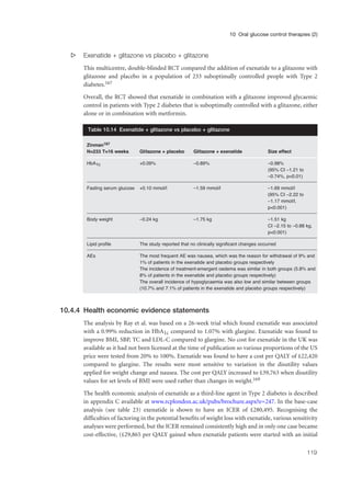 s Exenatide + glitazone vs placebo + glitazone
This multicentre, double-blinded RCT compared the addition of exenatide to a glitazone with
glitazone and placebo in a population of 233 suboptimally controlled people with Type 2
diabetes.167
Overall, the RCT showed that exenatide in combination with a glitazone improved glycaemic
control in patients with Type 2 diabetes that is suboptimally controlled with a glitazone, either
alone or in combination with metformin.
10.4.4 Health economic evidence statements
The analysis by Ray et al. was based on a 26-week trial which found exenatide was associated
with a 0.99% reduction in HbA1c compared to 1.07% with glargine. Exenatide was found to
improve BMI, SBP, TC and LDL-C compared to glargine. No cost for exenatide in the UK was
available as it had not been licensed at the time of publication so various proportions of the US
price were tested from 20% to 100%. Exenatide was found to have a cost per QALY of £22,420
compared to glargine. The results were most sensitive to variation in the disutility values
applied for weight change and nausea. The cost per QALY increased to £39,763 when disutility
values for set levels of BMI were used rather than changes in weight.169
The health economic analysis of exenatide as a third-line agent in Type 2 diabetes is described
in appendix C available at www.rcplondon.ac.uk/pubs/brochure.aspx?e=247. In the base-case
analysis (see table 23) exenatide is shown to have an ICER of £280,495. Recognising the
difficulties of factoring in the potential benefits of weight loss with exenatide, various sensitivity
analyses were performed, but the ICER remained consistently high and in only one case became
cost-effective, (£29,865 per QALY gained when exenatide patients were started with an initial
119
10 Oral glucose control therapies (2)
Zinman167
N=233 T=16 weeks Glitazone + placebo Glitazone + exenatide Size effect
HbA1c +0.09% –0.89% –0.98%
(95% CI –1.21 to
–0.74%, p<0.01)
Fasting serum glucose +0.10 mmol/l –1.59 mmol/l –1.69 mmol/l
(95% CI –2.22 to
–1.17 mmol/l,
p<0.001)
Body weight –0.24 kg –1.75 kg –1.51 kg
CI –2.15 to –0.88 kg,
p<0.001)
Lipid profile The study reported that no clinically significant changes occurred
AEs The most frequent AE was nausea, which was the reason for withdrawal of 9% and
1% of patients in the exenatide and placebo groups respectively
The incidence of treatment-emergent oedema was similar in both groups (5.8% and
8% of patients in the exenatide and placebo groups respectively)
The overall incidence of hypoglycaemia was also low and similar between groups
(10.7% and 7.1% of patients in the exenatide and placebo groups respectively)
Table 10.14 Exenatide + glitazone vs placebo + glitazone
 