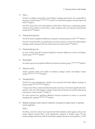 s HbA1c
Overall, on endpoint means HbA1c levels biphasic analogue preparations were comparable to
human pre-mixed insulin,183,186,187,188 as well as to a basal-bolus regimen of insulin aspart and
NPH.190 Level 1+
One RCT found three times daily biphasic insulin lispro (50/50) gave a significantly greater
reduction from baseline in mean HbA1c values compared with once daily pre-mixed human
insulin 30/70.189 Level 1+
s Fasting blood glucose
Two RCTs found no significant differences among the treatment groups on FBG.186,183 Level 1+
One RCT found that FBG was significantly increased in patients on three times daily biphasic
analogue insulin compared with once daily human pre-mixed insulin.189 Level 1+
s Postprandial glucose
In terms of PPG, three RCTs reported significant treatment differences in favour of biphasic
insulin aspart.188,186,189 Level 1+
s Bodyweight
No studies reported any significant differences between treatment groups.186,187,183,190 Level 1+
s Adverse events
Studies reported similar AEs profiles for biphasic analogue insulin and biphasic human
insulin.188,186,187,183,189,190 Level 1+
s Hypoglycaemia
Overall, few major hypoglycaemic episodes were associated with either biphasic analogue or
human insulin.188,186,183,189,190 Level 1+
A longer-term efficacy study found that during the second year of treatment significantly fewer
patients in the once daily biphasic analogue insulin than the human pre-mixed insulin group
experienced a major episode.187 Level 1++
No study reported any significant differences between treatments on minor or nocturnal
hypoglycaemic episodes.188,186,183,190 Level 1+
s Multiple analogue insulin injection regimens compared to basal insulin or biphasic
insulin regimens
HbA1c
For HbA1c levels the cohort study reported that both multiple insulin regimen and pre-mix
insulin regimen lowered HbA1c levels significantly compared to baseline values. Pre-mix
insulin analogue fared better than the basal-bolus analogue therapy in lowering HbA1c (1.58%
137
11 Glucose control: insulin therapy
 
