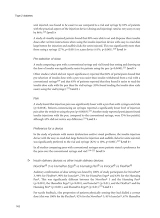 unit injected, was found to be easier to use compared to a vial and syringe by 82% of patients
with the practical aspects of the injection device (dosing and injecting) rated as very easy or easy
by 86%.223 Level 1+
A study of visually impaired patients found that 80% were able to set and dispense three insulin
doses after written instructions when using the insulin injection device with easy-to-read dial,
large button for injection and audible clicks for units injected. This was significantly more than
those using a syringe (27%, p<0.001) or a pen device (61%, p<0.001).220 Level 1+
Pre-selection of dose
A study comparing a pen with a conventional syringe and vial found that setting and drawing up
the dose of insulin was significantly easier for patients using the pen (p=0.0490).221 Level 1+
Other studies (which did not report significance) reported that 86% of participants found that
pre-selection of insulin dose with a pen was easier than insulin withdrawal from a vial with a
conventional syringe219 and that 85% of patients reported that they found it easier to read the
insulin dose scale with the pen than the vial/syringe (10% found reading the insulin dose scale
easier using the vial/syringe).222 Level 1+
Pain
A study found that injection pain was significantly lower with a pen than with syringes and vials
(p=0.0018). Patients commencing on syringes reported a significantly lower level of injection
pain after the switch to using the pen (p=0.0003).221 Another study reported participants found
insulin injections with the pen, compared to the conventional syringe, were 55% less painful,
although 43% did not notice any difference.219 Level 1+
Preference for a device
In the study of patients with motor dysfunction and/or visual problems, the insulin injection
device with the easy-to-read dial, large button for injection and audible clicks for units injected,
was significantly preferred to the vial and syringe (82% vs 10%, p<0.001).223 Level 1+
In all studies comparing pens with conventional syringes more patients stated a preference for
the pens over the conventional syringe and vial.219–222 Level 1+
s Insulin delivery devices vs other insulin delivery devices
NovoPen® 3 vs HumaPen Ergo® vs Humalog Pen® vs InnoLet® vs FlexPen®
Auditory confirmation of dose setting was heard by 100% of study participants for NovoPen®
3, 98% for FlexPen®, 90% for InnoLet®, 75% for HumaPen Ergo® and 63% for the Humalog
Pen®. This was significantly different between the NovoPen® 3 and the Humalog Pen®
(p<0.001), the HumaPen Ergo® (p<0.001), and InnoLet® (p<0.01), and the FlexPen® and the
Humalog Pen® (p<0.001), and HumaPen Ergo® (p<0.01).225 Level 1+
For tactile feedback, (the proportion of patients physically sensing they had dialled a correct
dose) this was 100% for the FlexPen®, 92% for the NovoPen® 3, 81% InnoLet®, 67% HumaPen
148
Type 2 diabetes
 