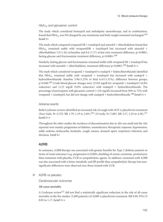HbA1c and glycaemic control
The study which considered fosinopril and amlodipine monotherapy, and in combination,
found that HbA1c was NS changed by any treatments and body weight remained unchanged.245
Level 1+
The study which compared verapamil SR + trandopril and atenolol + chlorthalidone found that
HbA1c remained stable with verapamilSR + trandopril but increased with atenolol +
chlorthalidone 7.8 (1.26) at baseline and 8.6 (1.77) at last visit, treatment difference, p=0.0001;
fasting glucose and fructosamine treatment difference, p=0.0001.249
Similarly, fasting glucose and fructosamine remained stable with verapamil SR + trandopril but
increased with atenolol + chlorthalidone, treatment difference p=0.0001.249 Level 1++
The study which considered verapamil + trandopril vs enalapril + hydrochlorothiazide identified
that HbA1c remained stable with verapamil + trandopril but increased with enalapril +
hydrochlorothiazide (baseline 5.96±1.25% to final 6.41±1.51%), difference between groups,
p=0.040.248 Crude blood glucose changes were 23±69 mg/dl for verapamil + trandopril (16.8%
reduction) and 1±32 mg/dl (0.8% reduction) with enalapril + hydrochlorothiazide. The
percentage of participants with glycaemic control (<126 mg/dl) increased from 50% to 72% with
verapamil + trandopril, but did not change with enalapril + hydrochlorothiazide.248 Level 1++
Adverse events
Both Cochrane reviews identified an increased risk of cough with ACE vs placebo/no treatment
(four trials, N=3,725, RR 1.79, 1.19 to 2.69),236 (10 trials, N=7,087, RR 3.17, 2.29 to 4.38).237
Level 1++
Throughout the other studies the incidence of discontinuation due to AEs was small and the AEs
reported were mainly; progression of diabetes, unsatisfactory therapeutic response, hypotension,
ankle oedema, tachycardia, headache, cough, nausea, stomach upset, respiratory infection, and
dizziness. Level 1+
A2RB
In summary, A2RB therapy was associated with greater benefits for Type 2 diabetes patients in
terms of renal outcomes (e.g. progression to ESRD, doubling of serum creatinine, proteinuria)
than treatment with placebo, CCB or sympatholytic agents. In addition, treatment with A2RB
was also associated with a better metabolic and BP profile than sympatholytic therapy but non-
significant differences were observed over those treated with CCB.
s A2RB vs placebo
Cardiovascular outcomes
All-cause mortality
A Cochrane review237 did not find a statistically significant reduction in the risk of all-cause
mortality in the five studies (3,409 patients) of A2RB vs placebo/no treatment. RR 0.99, 95% CI
0.85 to 1.17. Level 1++
169
12 Blood pressure therapy
 