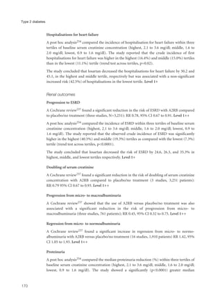 Hospitalisations for heart failure
A post hoc analysis254 compared the incidence of hospitalisation for heart failure within three
tertiles of baseline serum creatinine concentration (highest, 2.1 to 3.6 mg/dl; middle, 1.6 to
2.0 mg/dl; lowest, 0.9 to 1.6 mg/dl). The study reported that the crude incidence of first
hospitalisations for heart failure was higher in the highest (16.4%) and middle (15.0%) tertiles
than in the lowest (11.1%) tertile (trend test across tertiles, p=0.02).
The study concluded that losartan decreased the hospitalisations for heart failure by 50.2 and
45.1, in the highest and middle tertile, respectively but was associated with a non-significant
increased risk (42.5%) of hospitalisations in the lowest tertile. Level 1+
Renal outcomes
Progression to ESRD
A Cochrane review237 found a significant reduction in the risk of ESRD with A2RB compared
to placebo/no treatment (three studies, N=3,251): RR 0.78, 95% CI 0.67 to 0.91. Level 1++
A post hoc analysis254 compared the incidence of ESRD within three tertiles of baseline serum
creatinine concentration (highest, 2.1 to 3.6 mg/dl; middle, 1.6 to 2.0 mg/dl; lowest, 0.9 to
1.6 mg/dl). The study reported that the observed crude incidence of ESRD was significantly
higher in the highest (40.5%) and middle (19.3%) tertiles as compared with the lowest (7.3%)
tertile (trend test across tertiles, p<0.0001).
The study concluded that losartan decreased the risk of ESRD by 24.6, 26.3, and 35.3% in
highest, middle, and lowest tertiles respectively. Level 1+
Doubling of serum creatinine
A Cochrane review237 found a significant reduction in the risk of doubling of serum creatinine
concentration with A2RB compared to placebo/no treatment (3 studies, 3,251 patients):
RR 0.79 95% CI 0.67 to 0.93. Level 1++
Progression from micro- to macroalbuminuria
A Cochrane review237 showed that the use of A2RB versus placebo/no treatment was also
associated with a significant reduction in the risk of progression from micro- to
macroalbuminuria (three studies, 761 patients); RR 0.45, 95% CI 0.32 to 0.75. Level 1++
Regression from micro- to normoalbuminuria
A Cochrane review237 found a significant increase in regression from micro- to normo-
albuminuria with A2RB versus placebo/no treatment (16 studies, 1,910 patients) RR 1.42, 95%
CI 1.05 to 1.93. Level 1++
Proteinuria
A post hoc analysis254 compared the median proteinuria reduction (%) within three tertiles of
baseline serum creatinine concentration (highest, 2.1 to 3.6 mg/dl; middle, 1.6 to 2.0 mg/dl;
lowest, 0.9 to 1.6 mg/dl). The study showed a significantly (p<0.0001) greater median
170
Type 2 diabetes
 