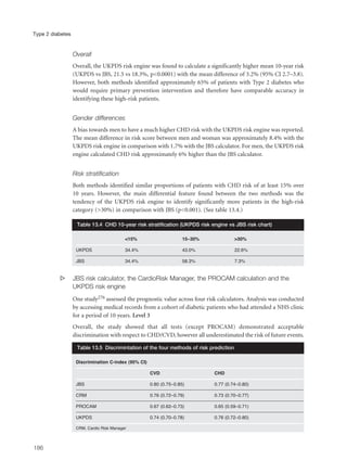 Overall
Overall, the UKPDS risk engine was found to calculate a significantly higher mean 10-year risk
(UKPDS vs JBS, 21.5 vs 18.3%, p<0.0001) with the mean difference of 3.2% (95% CI 2.7–3.8).
However, both methods identified approximately 65% of patients with Type 2 diabetes who
would require primary prevention intervention and therefore have comparable accuracy in
identifying these high-risk patients.
Gender differences
A bias towards men to have a much higher CHD risk with the UKPDS risk engine was reported.
The mean difference in risk score between men and woman was approximately 8.4% with the
UKPDS risk engine in comparison with 1.7% with the JBS calculator. For men, the UKPDS risk
engine calculated CHD risk approximately 6% higher than the JBS calculator.
Risk stratification
Both methods identified similar proportions of patients with CHD risk of at least 15% over
10 years. However, the main differential feature found between the two methods was the
tendency of the UKPDS risk engine to identify significantly more patients in the high-risk
category (>30%) in comparison with JBS (p<0.001). (See table 13.4.)
s JBS risk calculator, the CardioRisk Manager, the PROCAM calculation and the
UKPDS risk engine
One study276 assessed the prognostic value across four risk calculators. Analysis was conducted
by accessing medical records from a cohort of diabetic patients who had attended a NHS clinic
for a period of 10 years. Level 3
Overall, the study showed that all tests (except PROCAM) demonstrated acceptable
discrimination with respect to CHD/CVD, however all underestimated the risk of future events.
186
Type 2 diabetes
<15% 15–30% >30%
UKPDS 34.4% 43.0% 22.6%
JBS 34.4% 58.3% 7.3%
Table 13.4 CHD 10-year risk stratification (UKPDS risk engine vs JBS risk chart)
Discrimination C-index (95% CI)
CVD CHD
JBS 0.80 (0.75–0.85) 0.77 (0.74–0.80)
CRM 0.76 (0.72–0.79) 0.73 (0.70–0.77)
PROCAM 0.67 (0.62–0.73) 0.65 (0.59–0.71)
UKPDS 0.74 (0.70–0.78) 0.76 (0.72–0.80)
CRM, Cardio Risk Manager
Table 13.5 Discrimintation of the four methods of risk prediction
 
