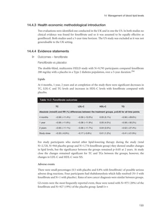 14.4.3 Health economic methodological introduction
Two evaluations were identified one conducted in the UK and in one the US. In both studies no
clinical evidence was found for fenofibrate and so it was assumed to be equally effective as
gemfibrozil. Both studies used a 5-year time horizon. The US study was excluded as it was not
generalisable to the UK setting.
14.4.4 Evidence statements
s Outcomes – fenofibrate
Fenofibrate vs placebo
The double-blind, multicentre FIELD study with N=9,795 participants compared fenofibrate
200 mg/day with a placebo in a Type 2 diabetes population, over a 5-year duration.294
Lipids
At 4 months, 1 year, 2 years and at completion of the study there were significant decreases in
TC, LDL-C and TG levels and increases in HDL-C levels with fenofibrate compared with
placebo.
For study participants who started other lipid-lowering therapy during the study (total
N=2,720, N=944 placebo group and N=1,776 fenofibrate group) they showed smaller changes
in lipid levels, but the significance between the groups remained p<0.05 at 2 years. At study
close the changes remained significant for TC and TGs between the groups; however, the
changes in LDL-C and HDL-C were NS.
Adverse events
There were small percentages (0.5 with placebo and 0.8% with fenofibrate) of possible serious
adverse drug reactions. Four participants had rhabdomyolysis which fully resolved (N=3 with
fenofibrate and N=1 with placebo). Rates of new cancer diagnosis were similar between groups.
GI events were the most frequently reported event, these were noted with N=975 (20%) of the
fenofibrate and N=927 (19%) of the placebo group. Level 1++
199
14 Management of blood lipid levels
TC LDL-C HDL-C TG
Absolute (mmol/l) and RR (%) differences between the treatment groups, p<0.05 for all time points
4 months –0.58 (–11.4%) –0.39 (–12.0%) 0.05 (5.1%) –0.56 (–28.6%)
1 year –0.58 (–11.6%) –0.38 (–11.9%) 0.05 (4.5%) –0.58 (–30.2%)
2 years –0.56 (–11.1%) –0.36 (–11.7%) 0.04 (3.5%) –0.52 (–27.4%)
Study close –0.33 (–6.9%) –0.17 (–5.8%) 0.01 (1.2%) –0.41 (–21.9%)
Table 14.3 Fenofibrate outcomes
 