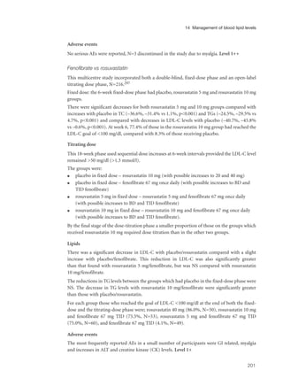 Adverse events
No serious AEs were reported, N=3 discontinued in the study due to myalgia. Level 1++
Fenofibrate vs rosuvastatin
This multicentre study incorporated both a double-blind, fixed-dose phase and an open-label
titrating dose phase, N=216.297
Fixed dose: the 6-week fixed-dose phase had placebo, rosuvastatin 5 mg and rosuvastatin 10 mg
groups.
There were significant decreases for both rosuvastatin 5 mg and 10 mg groups compared with
increases with placebo in TC (–36.6%, –31.4% vs 1.1%, p<0.001) and TGs (–24.5%, –29.5% vs
4.7%, p<0.001) and compared with decreases in LDL-C levels with placebo (–40.7%, –45.8%
vs –0.6%, p<0.001). At week 6, 77.4% of those in the rosuvastatin 10 mg group had reached the
LDL-C goal of <100 mg/dl, compared with 8.3% of those receiving placebo.
Titrating dose
This 18-week phase used sequential dose increases at 6-week intervals provided the LDL-C level
remained >50 mg/dl (>1.3 mmol/l).
The groups were:
q placebo in fixed dose – rosuvastatin 10 mg (with possible increases to 20 and 40 mg)
q placebo in fixed dose – fenofibrate 67 mg once daily (with possible increases to BD and
TID fenofibrate)
q rosuvastatin 5 mg in fixed dose – rosuvastatin 5 mg and fenofibrate 67 mg once daily
(with possible increases to BD and TID fenofibrate)
q rosuvastatin 10 mg in fixed dose – rosuvastatin 10 mg and fenofibrate 67 mg once daily
(with possible increases to BD and TID fenofibrate).
By the final stage of the dose-titration phase a smaller proportion of those on the groups which
received rosuvastatin 10 mg required dose titration than in the other two groups.
Lipids
There was a significant decrease in LDL-C with placebo/rosuvastatin compared with a slight
increase with placebo/fenofibrate. This reduction in LDL-C was also significantly greater
than that found with rosuvastatin 5 mg/fenofibrate, but was NS compared with rosuvastatin
10 mg/fenofibrate.
The reductions in TG levels between the groups which had placebo in the fixed-dose phase were
NS. The decrease in TG levels with rosuvastatin 10 mg/fenofibrate were significantly greater
than those with placebo/rosuvastatin.
For each group those who reached the goal of LDL-C <100 mg/dl at the end of both the fixed-
dose and the titrating-dose phase were; rosuvastatin 40 mg (86.0%, N=50), rosuvastatin 10 mg
and fenofibrate 67 mg TID (75.5%, N=53), rosuvastatin 5 mg and fenofibrate 67 mg TID
(75.0%, N=60), and fenofibrate 67 mg TID (4.1%, N=49).
Adverse events
The most frequently reported AEs in a small number of participants were GI related, myalgia
and increases in ALT and creatine kinase (CK) levels. Level 1+
201
14 Management of blood lipid levels
 