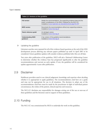 s Updating the guideline
Literature searches were repeated for all of the evidence-based questions at the end of the GDG
development process allowing any relevant papers published up until 16 April 2007 to be
considered. Future guideline updates will consider evidence published after this cut-off date.
Two years after publication of the guideline, NICE will ask a National Collaborating Centre
to determine whether the evidence base has progressed significantly to alter the guideline
recommendations and warrant an early update. If not, the guideline will be considered for
update approximately 4 years after publication.
2.9 Disclaimer
Healthcare providers need to use clinical judgement, knowledge and expertise when deciding
whether it is appropriate to apply guidelines. The recommendations cited here are a guide
and may not be appropriate for use in all situations. The decision to adopt any of the
recommendations cited here must be made by the practitioner in light of individual patient
circumstances, the wishes of the patient, clinical expertise and resources.
The NCC-CC disclaims any responsibility for damages arising out of the use or non-use of
these guidelines and the literature used in support of these guidelines.
2.10 Funding
The NCC-CC was commissioned by NICE to undertake the work on this guideline.
14
Type 2 diabetes
Full version Details the recommendations, the supporting evidence base and the
expert considerations of the GDG. Published by the NCC-CC.
Available at www.rcplondon.ac.uk/pubs/brochure.aspx?e=247
NICE version Documents the recommendations without any supporting evidence.
Available at www.nice.org.uk
‘Quick reference guide’ An abridged version.
Available at www.nice.org.uk
‘Understanding NICE A lay version of the guideline recommendations.
guidance’ Available at www.nice.org.uk
Table 2.3 Versions of this guideline
 