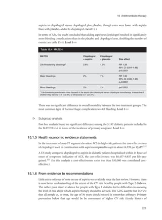 aspirin to clopidogrel versus clopidogrel plus placebo, though rates were lower with aspirin
than with placebo, added to clopidogrel. Level 1++
In terms of AEs, the study concluded that adding aspirin to clopidogrel resulted in significantly
more bleeding complications than in the placebo and clopidogrel arm, doubling the number of
events (see table 15.4). Level 1++
There was no significant difference in overall mortality between the two treatment groups. The
most common type of haemorrhagic complication was GI bleeding. Level 1++
s Subgroup analysis
Post hoc analysis found no significant difference among the 5,197 diabetic patients included in
the MATCH trial in terms of the incidence of primary endpoint. Level 1++
15.1.5 Health economic evidence statements
In the treatment of non-ST segment elevation ACS in high-risk patients the cost-effectiveness
of clopidogrel used in combination with aspirin compared to aspirin alone £4,939 per QALY.332
A US study compared clopidogrel to aspirin in diabetic patients hospitalised within 24 hours of
onset of symptoms indicative of ACS, the cost-effectiveness was $8,457–9,857 per life-year
gained.333 (In this analysis a cost-effectiveness ratio less than $50,000 was considered cost-
effective.)
15.1.6 From evidence to recommendations
Little extra evidence of note on use of aspirin was available since the last review. However, there
is now better understanding of the extent of the CV risk faced by people with Type 2 diabetes.
The rather poor direct evidence for people with Type 2 diabetes led to difficulties in assessing
the level of risk above which aspirin therapy should be advised. The GDG accepts that its view
that all people at, or over, the age of 50 years should treated is somewhat arbitrary. Primary
prevention below that age would be by assessment of higher CV risk (family history of
221
15 Antithrombotic therapy
MATCH Clopidogrel Clopidogrel
+ aspirin + placebo Size effect
Life-threatening bleedings* 2.6% 1.3% RR 1.26
95% CI (0.64–1.88)
p<0.0001
Major bleedings 2% 1% RR 1.36
95% CI (0.86–1.86)
p<0.0001
Minor bleedings 3% 1% p<0.0001
* Life-threatening events were more frequent in the aspirin plus clopidogrel versus clopidogrel monotherapy, irrespective of
whether they were GI (1.4 vs 0.6%) or intracranial (1.1 vs 0.7%)
Table 15.4 MATCH
 