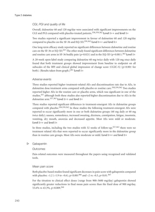 CGI, PGI and quality of life
Overall, duloxetine 60 and 120 mg/day were associated with significant improvements on the
CGI and PGI compared with placebo-treated patients.358,359,362 Level 1++ and level 1+
Two studies reported a significant improvement in favour of duloxetine 60 and 120 mg/day
compared to placebo on the SF-36 and EQ-5D.359,362 Level 1++ and level 1+
One long-term efficacy study reported no significant differences between duloxetine and routine
care on the SF-36 or EQ-5D.357 The other study found significant differences between duloxetine
and routine care arms in SF-36 bodily pain (p=0.021) and in the EQ-5D (p=0.001).363 Level 1+
A 28-week open-label study comparing duloxetine 60 mg twice daily with 120 mg once daily
found that both treatment groups showed improvement from baseline to endpoint on all
subscales of the BPI and clinical global impression of change score (CGIC-S) (p<0.001 for
both). (Results taken from graph.)361 Level 1+
Adverse events
Three studies reported higher treatment-related AEs and discontinuation rate due to AEs, in
duloxetine dose treatment arms compared with placebo or routine care.358,359,362 Two studies
reported higher AEs in the routine care or placebo arms, which was significant in one of the
studies,357 although both these studies also reported higher discontinuation due to AEs in the
duloxetine arm.357,363 Level 1++ and level 1+
Three studies reported significant differences in treatment-emergent AEs in duloxetine groups
compared with placebo.358,359,362 In these studies the following treatment-emergent AEs were
reported to occur significantly more in one or both duloxetine groups (60 mg daily or 60 mg
twice daily); nausea, somnolence, increased sweating, dizziness, constipation, fatigue, insomnia,
vomiting, dry mouth, anorexia and decreased appetite. Most AEs were mild or moderate.
Level 1++ and level 1+
In three studies, including the two studies with 52 weeks of follow-up,357,363 there were no
treatment related AEs that were reported to occur significantly more in the duloxetine group
than in routine care groups. Most AEs were moderate or mild. Level 1++ and level 1+
s Gabapentin
Outcomes
Pain-related outcomes were measured throughout the papers using recognised and validated
tools.
Mean pain score
Both placebo-based studies found significant decreases in pain score with gabapentin compared
with placebo; –1.2 (–1.9 to –0.6), p<0.001366 and –2 vs –0.5, p<0.01.367
For the titration to clinical effect doses (range from 900–3600 mg/day) gabapentin showed
significantly greater reductions in final mean pain scores than the fixed dose of 900 mg/day,
53.6% vs 43.3%, p=0.009.364
240
Type 2 diabetes
 