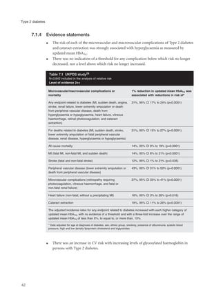 42
Type 2 diabetes
7.1.4 Evidence statements
q The risk of each of the microvascular and macrovascular complications of Type 2 diabetes
and cataract extraction was strongly associated with hyperglycaemia as measured by
updated mean HbA1c.
q There was no indication of a threshold for any complication below which risk no longer
decreased, nor a level above which risk no longer increased.
q There was an increase in CV risk with increasing levels of glycosylated haemoglobin in
persons with Type 2 diabetes.
Microvascular/macrovascular complications or 1% reduction in updated mean HbA1c was
mortality associated with reductions in risk of*
Any endpoint related to diabetes (MI, sudden death, angina, 21%, 95% CI 17% to 24% (p<0.0001)
stroke, renal failure, lower extremity amputation or death
from peripheral vascular disease, death from
hyperglycaemia or hypoglycaemia, heart failure, vitreous
haemorrhage, retinal photocoagulation, and cataract
extraction)
For deaths related to diabetes (MI, sudden death, stroke, 21%, 95% CI 15% to 27% (p<0.0001)
lower extremity amputation or fatal peripheral vascular
disease, renal disease, hyperglycaemia or hypoglycaemia)
All cause mortality 14%, 95% CI 9% to 19% (p<0.0001)
MI (fatal MI, non-fatal MI, and sudden death) 14%, 95% CI 8% to 21% (p<0.0001)
Stroke (fatal and non-fatal stroke) 12%, 95% CI 1% to 21% (p=0.035)
Peripheral vascular disease (lower extremity amputation or 43%, 95% CI 31% to 53% (p<0.0001)
death from peripheral vascular disease)
Microvascular complications (retinopathy requiring 37%, 95% CI 33% to 41% (p<0.0001)
photocoagulation, vitreous haemorrhage, and fatal or
non-fatal renal failure)
Heart failure (non-fatal, without a precipitating MI) 16%, 95% CI 3% to 26% (p=0.016)
Cataract extraction 19%, 95% CI 11% to 26% (p<0.0001)
The adjusted incidence rates for any endpoint related to diabetes increased with each higher category of
updated mean HbA1c, with no evidence of a threshold and with a three-fold increase over the range of
updated mean HbA1c of less than 6%, to equal to, or more than, 10%.
* Data adjusted for age at diagnosis of diabetes, sex, ethnic group, smoking, presence of albuminuria, systolic blood
pressure, high and low density lipoprotein cholesterol and triglycerides
Table 7.1 UKPDS study28
N=3,642 included in the analysis of relative risk
Level of evidence 2++
 
