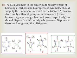  The C8H10 isomers in the center (red) box have pairs of
  homotopic carbons and hydrogens, so symmetry should
  simplify their nmr spectra. The fulvene (isomer A) has five
  structurally different groups of carbon atoms (colored
  brown, magenta, orange, blue and green respectively) and
  should display five 13C nmr signals (one near 20 ppm and
  the other four greater than 100 ppm).
 