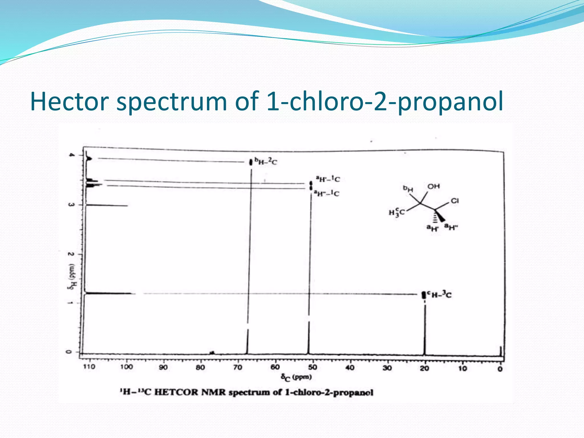 HECTOR Spectrum
 2D-NMR spectra that displays 13C – 1H-NMR shift correlations are called HETCOR
spectra. It shows coupling between protons and the carbon to which they are
attached. The HETCOR spectrum of 1-chloro-2propanol is shown in the fig.
 The 2-D spectrum is composed only of cross-peaks, each one relating carbon to its
directly bonded proton(s).
 The methyl doublet of 1H-NMR spectrum appears at δ 1.2 when drawn cross-peak
and then dropped down to the 13C spectrum axis indicates that the 13C peak at δ 20
is produced by the methyl carbon of 1-chloro-2-propanol(C-3)
 The 1H -NMR signal at δ 3.9 is due to CH-OH (C-2 proton) tracing out to the
correlation peak and down to the 13C spectrum shows the 13C NMR signal at 67
arises from the C-2 carbon of the compound i.e., the carbon carrying the hydroxyl
group.
 The 1H-NMR peaks at δ 3.4-3.5 for the two protons on the carbon bearing the
chlorine, the interpretation leads us to the cross-peak and down to the 13C peak at δ
51
 