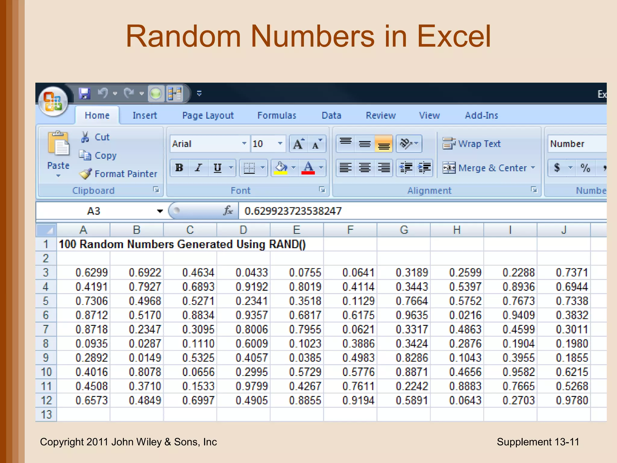 Random Numbers in Excel




Copyright 2011 John Wiley & Sons, Inc      Supplement 13-11
 