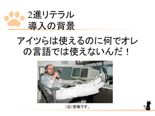 2進リテラル
導入の背景
10
アイツらは使えるのに何でオレ
の言語では使えないんだ！
（注）想像です。
 