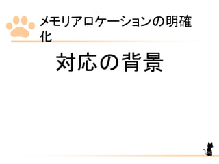 メモリアロケーションの明確
化
202
対応の背景
 