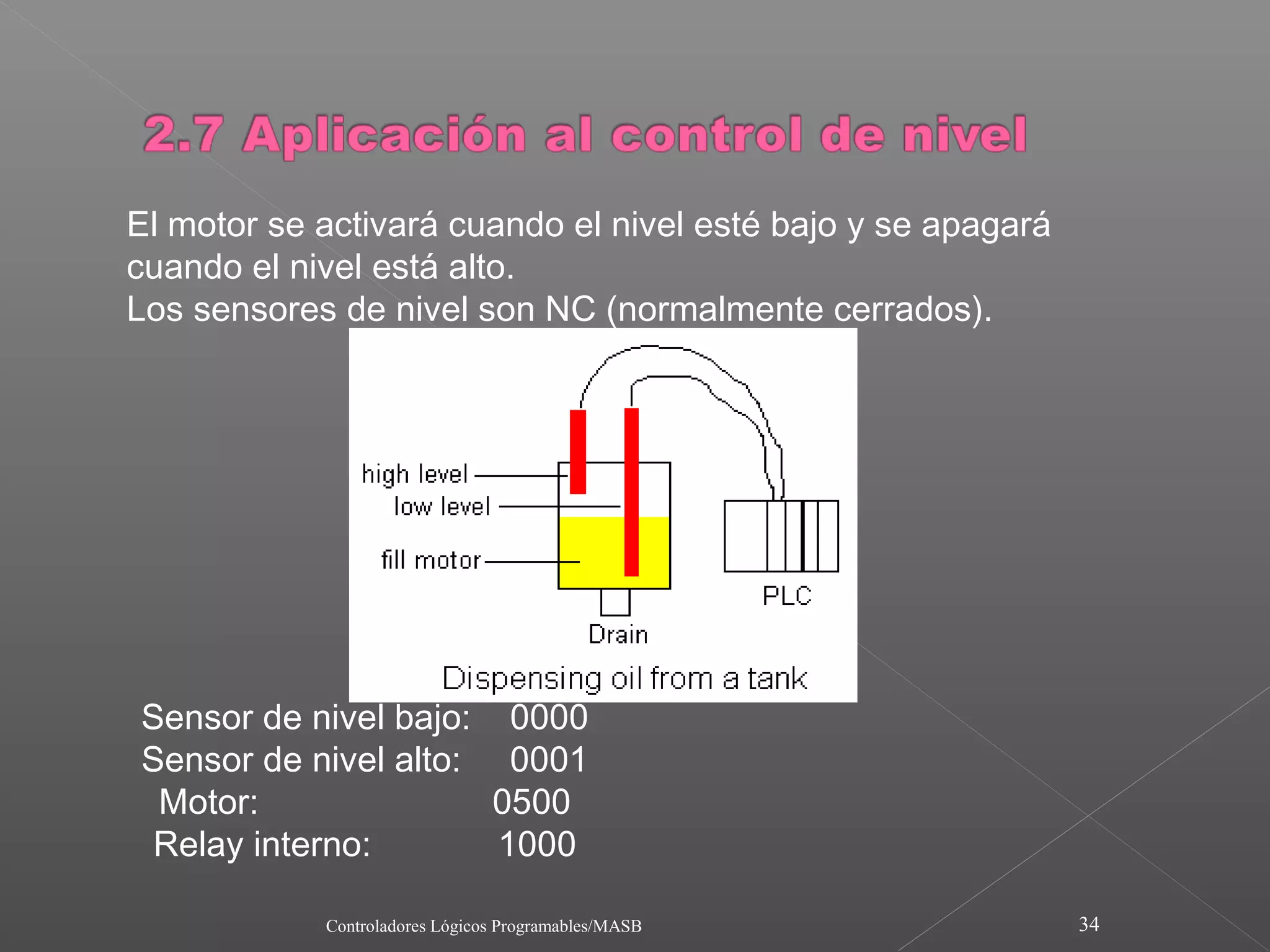 El motor se activará cuando el nivel esté bajo y se apagará
cuando el nivel está alto.
Los sensores de nivel son NC (normalmente cerrados).




Sensor de nivel bajo: 0000
Sensor de nivel alto: 0001
 Motor:               0500
 Relay interno:       1000

            Controladores Lógicos Programables/MASB           34
 