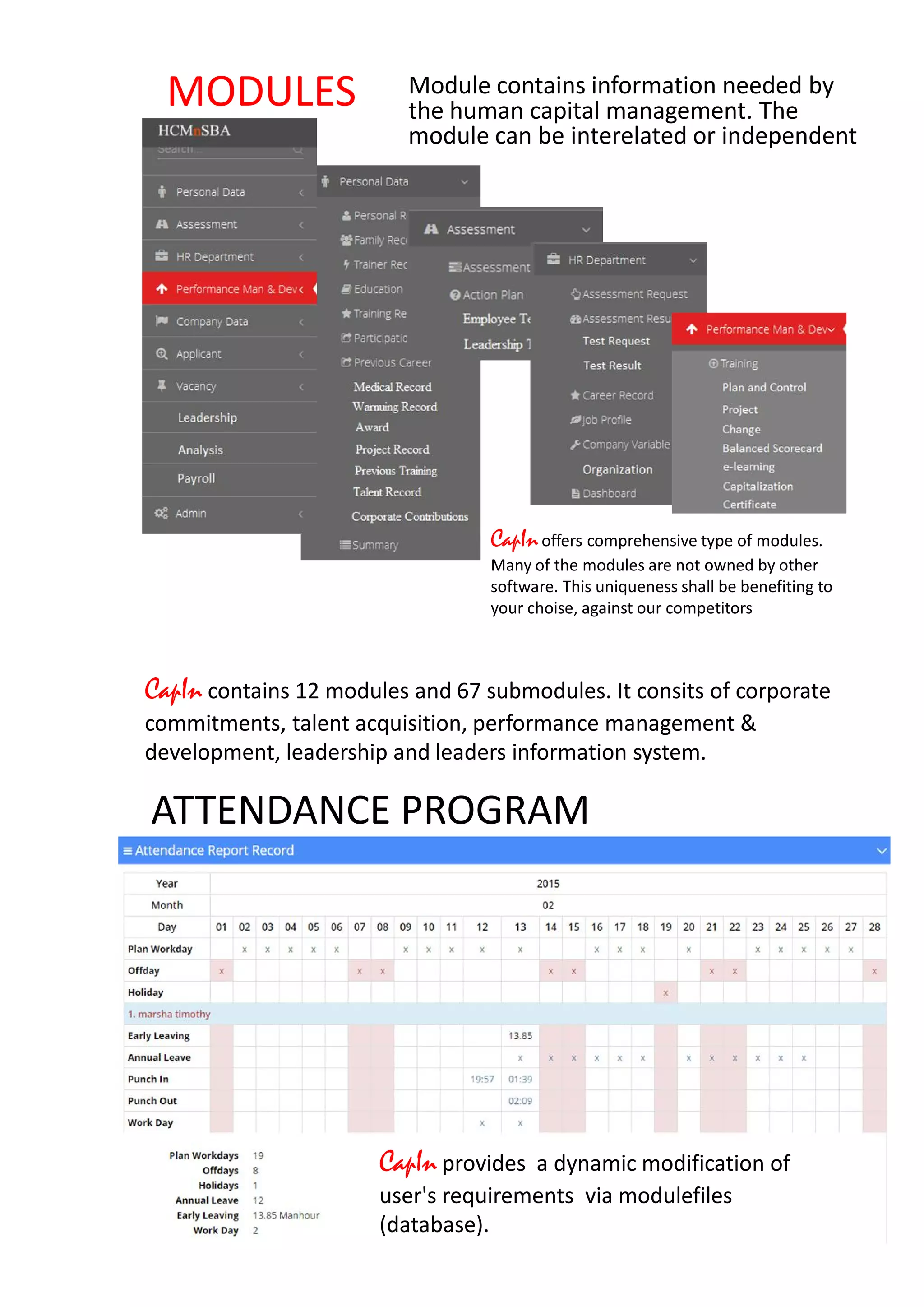 MODULES Module contains information needed by
the human capital management. The
module can be interelated or independent
CapInoffers comprehensive type of modules.
Many of the modules are not owned by other
software. This uniqueness shall be benefiting to
your choise, against our competitors
CapIn contains 12 modules and 67 submodules. It consits of corporate
commitments, talent acquisition, performance management &
development, leadership and leaders information system.
CapIn provides a dynamic modification of
user's requirements via modulefiles
(database).
ATTENDANCE PROGRAM
 