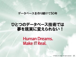 データベースを作り続けて５０年


ひとつのデータベース技術では
  夢を現実に変えられない！




              © Hitachi, Ltd. 2012. All rights reserved.   22
 