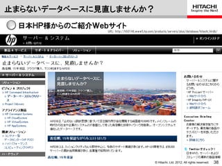 止まらないデータベースに見直しませんか？

 日本ＨＰ様からのご紹介Ｗｅｂサイト
               URL: http://h50146.www5.hp.com/products/servers/plus/database/hitachi_hirdb/




                                               © Hitachi, Ltd. 2012. All rights reserved.   38
 