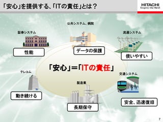 「安心」を提供する、「ＩＴの責任」とは？

               公共システム、病院

   証券システム                           流通システム




     性能           データの保護
                                       使いやすい


   テレコム
            「安心」＝「ＩＴの責任」
                                交通システム

                  製造業



  動き続ける
                                     安全、迅速復旧
                 長期保守

                           © Hitachi, Ltd. 2012. All rights reserved.   7
 