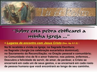 + Lugares de encontro com Jesus Cristo (Doc. Ap. 6.1.2) :
Na fé recebida e vivida na Igreja; na Sagrada Escritura;
na Sagrada Liturgia (na celebração eucarística dominical);
no Sacramento da Reconciliação; na Oração pessoal e comunitária;
na Comunidade viva de fé e amor fraterno; nos pobres, enfermos...
Descubra a felicidade de servir, de amar, de perdoar, e Cristo se
encarnará em cada um de seus gestos, e se encarnará em cada rosto
de pessoa humana que você encontrará ao longo de seu caminho.
 