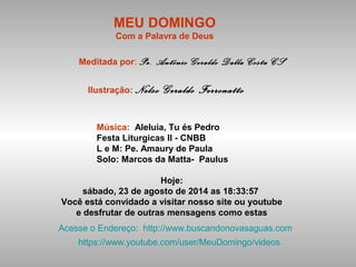 MEU DOMINGO
Com a Palavra de Deus
Meditada por: Pe. Antônio Geraldo Dalla Costa CS
Ilustração: Nelso Geraldo Ferronatto
Música: Aleluia, Tu és Pedro
Festa Liturgicas II - CNBB
L e M: Pe. Amaury de Paula
Solo: Marcos da Matta- Paulus
Hoje:
sábado, 23 de agosto de 2014 as 18:33:57
Você está convidado a visitar nosso site ou youtube
e desfrutar de outras mensagens como estas
Acesse o Endereço: http://www.buscandonovasaguas.com
https://www.youtube.com/user/MeuDomingo/videos
 