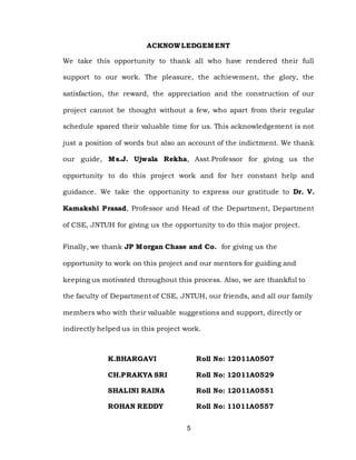 5
ACKNOWLEDGEMENT
We take this opportunity to thank all who have rendered their full
support to our work. The pleasure, the achievement, the glory, the
satisfaction, the reward, the appreciation and the construction of our
project cannot be thought without a few, who apart from their regular
schedule spared their valuable time for us. This acknowledgement is not
just a position of words but also an account of the indictment. We thank
our guide, Ms.J. Ujwala Rekha, Asst.Professor for giving us the
opportunity to do this project work and for her constant help and
guidance. We take the opportunity to express our gratitude to Dr. V.
Kamakshi Prasad, Professor and Head of the Department, Department
of CSE, JNTUH for giving us the opportunity to do this major project.
Finally, we thank JP Morgan Chase and Co. for giving us the
opportunity to work on this project and our mentors for guiding and
keeping us motivated throughout this process. Also, we are thankful to
the faculty of Department of CSE, JNTUH, our friends, and all our family
members who with their valuable suggestions and support, directly or
indirectly helped us in this project work.
K.BHARGAVI Roll No: 12011A0507
CH.PRAKYA SRI Roll No: 12011A0529
SHALINI RAINA
ROHAN REDDY
Roll No: 12011A0551
Roll No: 11011A0557
 