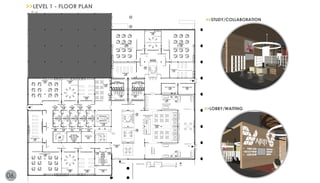 06. 
>>LEVEL 1 - FLOOR PLAN 
Temp. 
TYP TYP 
Shelter Office 
1118 
Perm. 
Painting Studio 
1119 
ART Admin Office 
1110 
145 SF 
Temp. 
Shelter Office 
1120 
Perm. 
ART Admin Office 
1111 
145 SF 
Temp. 
Shelter Office 
1121 142 SF 
Perm. 
Ceramic Studio 
1122 
ART Admin Office 
1113 
145 SF 
Perm. 
ART Admin Office 
1115 
145 SF 
(Children Play / Sleeping Quarters) 
(Single Men Sleeping Quarters) (Single Women Sleeping Quarters) 
Ceramic Studio 
1141 
Shelter Laundry / Storage 
1134 
Gallery / Showroom 
1133 
4,561 SF 
Break Room 
1124 
782 SF 
799 SF 
800 SF 
Resource Room / Lab 
1107 
991 SF 
Small Meeting 
1112 
Painting Studio 
1105 
826 SF 
Copy / Fax / Mail 
1114 
Sculpting Studio 
1104 
825 SF 
Drafting Studio 
1116 
TYP 
Architectural Design Studio 
1106 
1,956 SF 
Mens Shower 
1129 
412 SF 
Architectural Design Studio 
1138 
Resource Room 
1136 
3' - 0" 
Mens Restroom 
1128 
351 SF 
Womens Shower 
1131 
3' - 0" 
Womens Restroom 
1130 
351 SF 
386 SF 
Study 
1127 
324 SF 
Reception/Lobby 
1101 
4,113 SF 
ø 5' - 0" 
MIN. 
412 SF 
ø 5' - 0" 
MIN. 
Large Conference 
Restroom 
1102 
277 SF 
Restroom 
1103 
261 SF 
TYP. 
TYP. 
1,732 SF 
Study 
1126 
324 SF 
Study 
1137 
Painting Studio 
1139 
5' - 6" 5' - 6" 
862 SF 
Shelter Hot/Cold Food 
Service Line 
Drafting Studio 
1140 
Shelter Sleeping Storage 
1135 
377 SF 
276 SF 
2,082 SF 
724 SF 
2,109 SF 
871 SF 
Public Dining 
1132 
1,668 SF 
(Children Play / Sleeping Quarters) 
1125 
576 SF 
Temp. 
Shelter Office 
1117 
142 SF 
ART Admin Office 
? 
1109 
328 SF 
Perm. 
1108 
145 SF 
142 SF 
142 SF 
142 SF 
Temp. 
Shelter Office 
1123 
316 SF 
342 SF 
Shelter Pick-Up 
Shelter Pick-Up 
Service Garage 
Window 
Shelter 
Check-In 
EXIT 
EXIT 
ENTRANCE 
(Family Arrangment 
Sleeping Quarters) 
Workshop / Storage 
1155 
351 SF 
TYP TYP TYP 
TYP TYP 
TYP TYP 
EXIT 
SCALE: 3/32" 
0' 5.375' 10.75' 21.5' 43' 
>>STUDY/COLLABORATION 
>>LOBBY/WAITING 
 