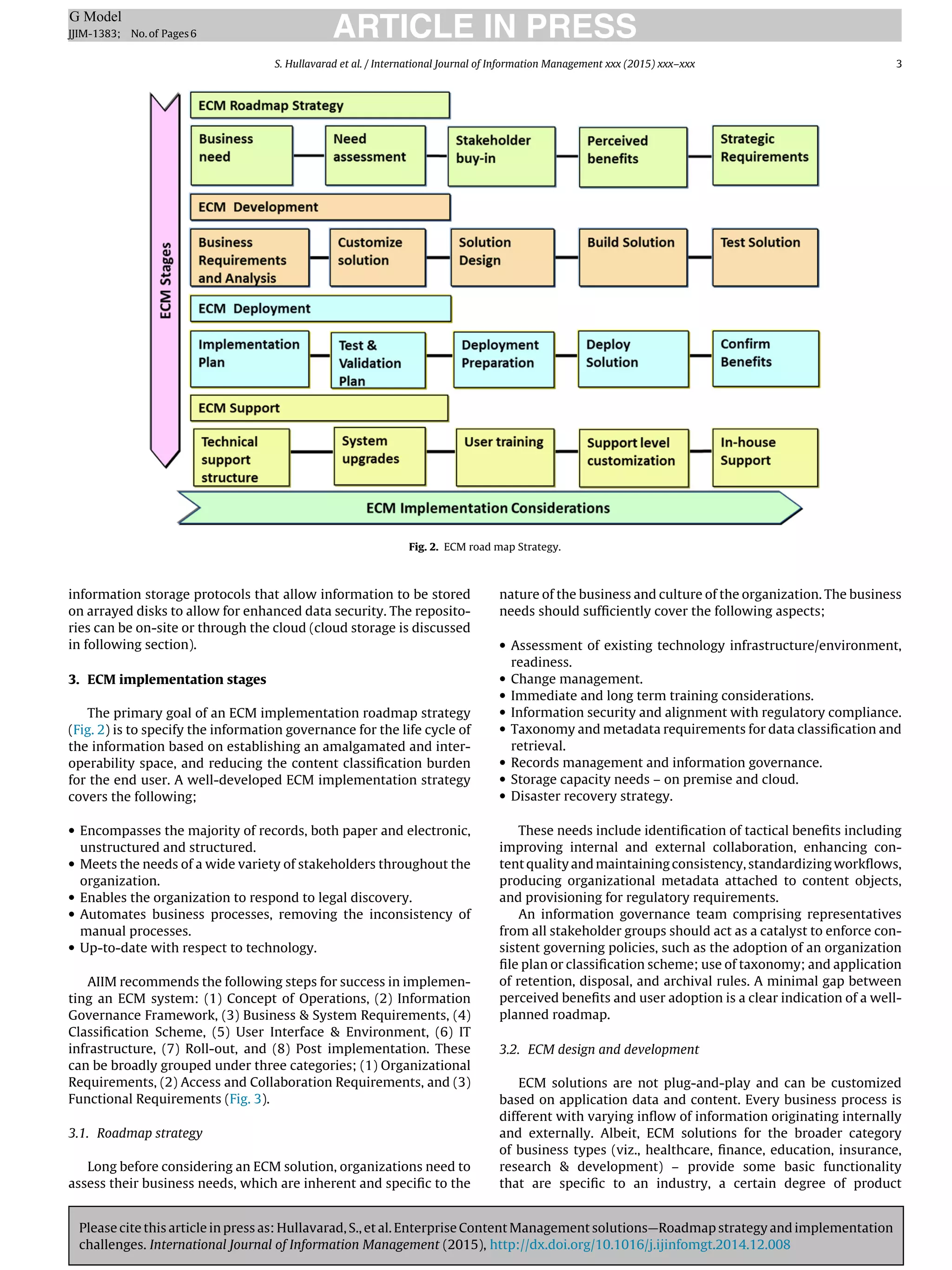 Please cite this article in press as: Hullavarad, S., et al. Enterprise Content Management solutions—Roadmap strategy and implementation
challenges. International Journal of Information Management (2015), http://dx.doi.org/10.1016/j.ijinfomgt.2014.12.008
ARTICLE IN PRESSG Model
JJIM-1383; No.of Pages6
S. Hullavarad et al. / International Journal of Information Management xxx (2015) xxx–xxx 3
Fig. 2. ECM road map Strategy.
information storage protocols that allow information to be stored
on arrayed disks to allow for enhanced data security. The reposito-
ries can be on-site or through the cloud (cloud storage is discussed
in following section).
3. ECM implementation stages
The primary goal of an ECM implementation roadmap strategy
(Fig. 2) is to specify the information governance for the life cycle of
the information based on establishing an amalgamated and inter-
operability space, and reducing the content classiﬁcation burden
for the end user. A well-developed ECM implementation strategy
covers the following;
• Encompasses the majority of records, both paper and electronic,
unstructured and structured.
• Meets the needs of a wide variety of stakeholders throughout the
organization.
• Enables the organization to respond to legal discovery.
• Automates business processes, removing the inconsistency of
manual processes.
• Up-to-date with respect to technology.
AIIM recommends the following steps for success in implemen-
ting an ECM system: (1) Concept of Operations, (2) Information
Governance Framework, (3) Business & System Requirements, (4)
Classiﬁcation Scheme, (5) User Interface & Environment, (6) IT
infrastructure, (7) Roll-out, and (8) Post implementation. These
can be broadly grouped under three categories; (1) Organizational
Requirements, (2) Access and Collaboration Requirements, and (3)
Functional Requirements (Fig. 3).
3.1. Roadmap strategy
Long before considering an ECM solution, organizations need to
assess their business needs, which are inherent and speciﬁc to the
nature of the business and culture of the organization. The business
needs should sufﬁciently cover the following aspects;
• Assessment of existing technology infrastructure/environment,
readiness.
• Change management.
• Immediate and long term training considerations.
• Information security and alignment with regulatory compliance.
• Taxonomy and metadata requirements for data classiﬁcation and
retrieval.
• Records management and information governance.
• Storage capacity needs – on premise and cloud.
• Disaster recovery strategy.
These needs include identiﬁcation of tactical beneﬁts including
improving internal and external collaboration, enhancing con-
tent quality and maintaining consistency, standardizing workﬂows,
producing organizational metadata attached to content objects,
and provisioning for regulatory requirements.
An information governance team comprising representatives
from all stakeholder groups should act as a catalyst to enforce con-
sistent governing policies, such as the adoption of an organization
ﬁle plan or classiﬁcation scheme; use of taxonomy; and application
of retention, disposal, and archival rules. A minimal gap between
perceived beneﬁts and user adoption is a clear indication of a well-
planned roadmap.
3.2. ECM design and development
ECM solutions are not plug-and-play and can be customized
based on application data and content. Every business process is
different with varying inﬂow of information originating internally
and externally. Albeit, ECM solutions for the broader category
of business types (viz., healthcare, ﬁnance, education, insurance,
research & development) – provide some basic functionality
that are speciﬁc to an industry, a certain degree of product
 