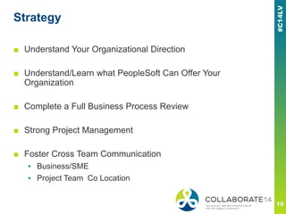 Strategy
■ Understand Your Organizational Direction
■ Understand/Learn what PeopleSoft Can Offer Your
Organization
■ Complete a Full Business Process Review
■ Strong Project Management
■ Foster Cross Team Communication
▪ Business/SME
▪ Project Team Co Location
 