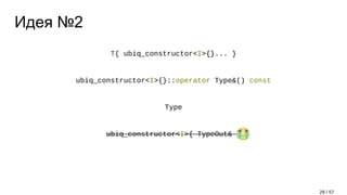 Идея №2
T{ ubiq_constructor<I>{}... }
ubiq_constructor<I>{}::operator Type&() const
Type
ubiq_constructor<I>{ TypeOut& }
28 / 57
 